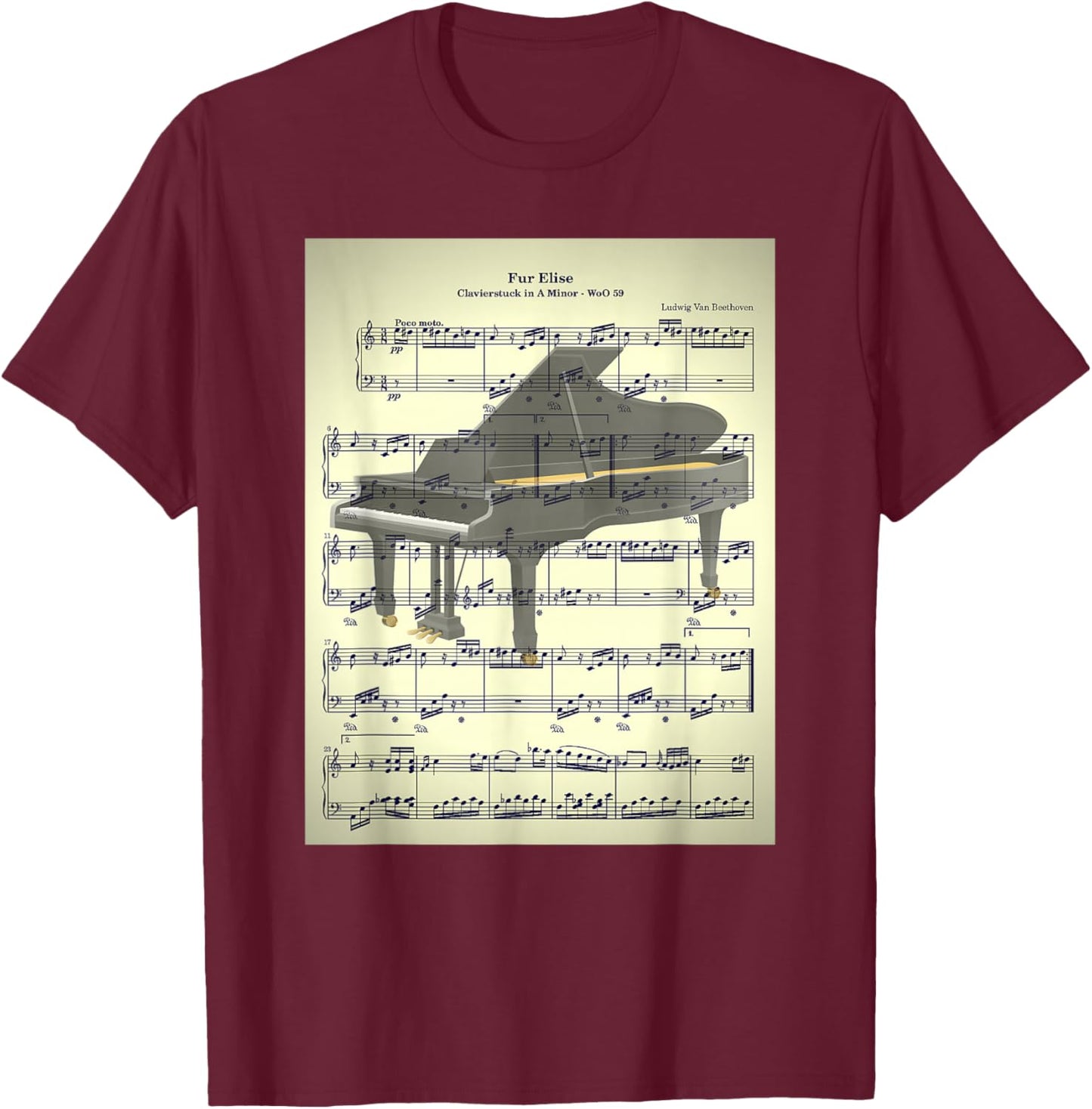 Fur Elise Beethoven Piano Sheet Music Vintage Look T-Shirt - T-Shirt | Maroon