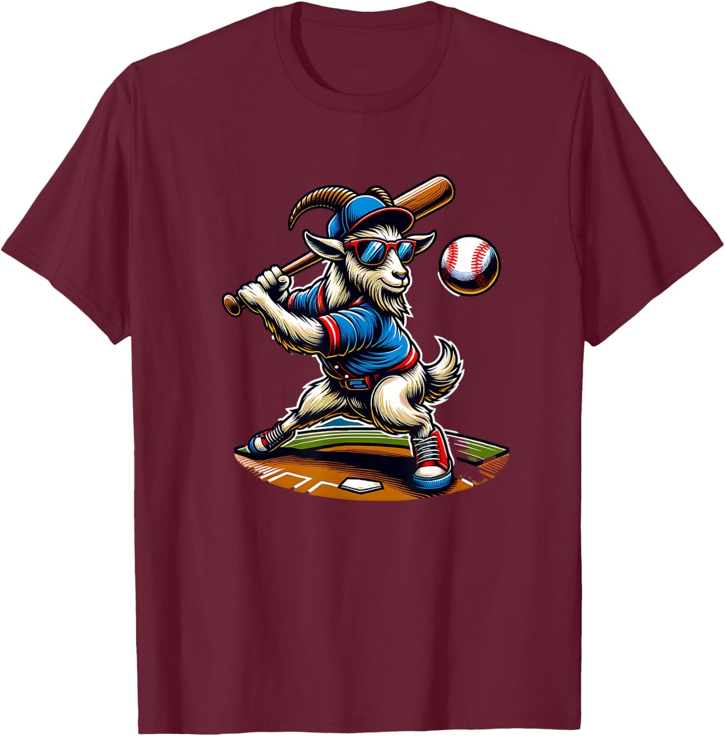 Goat Baseball Player With Bat And Ball Cool Animal Sports T-Shirt - T-Shirt | Maroon