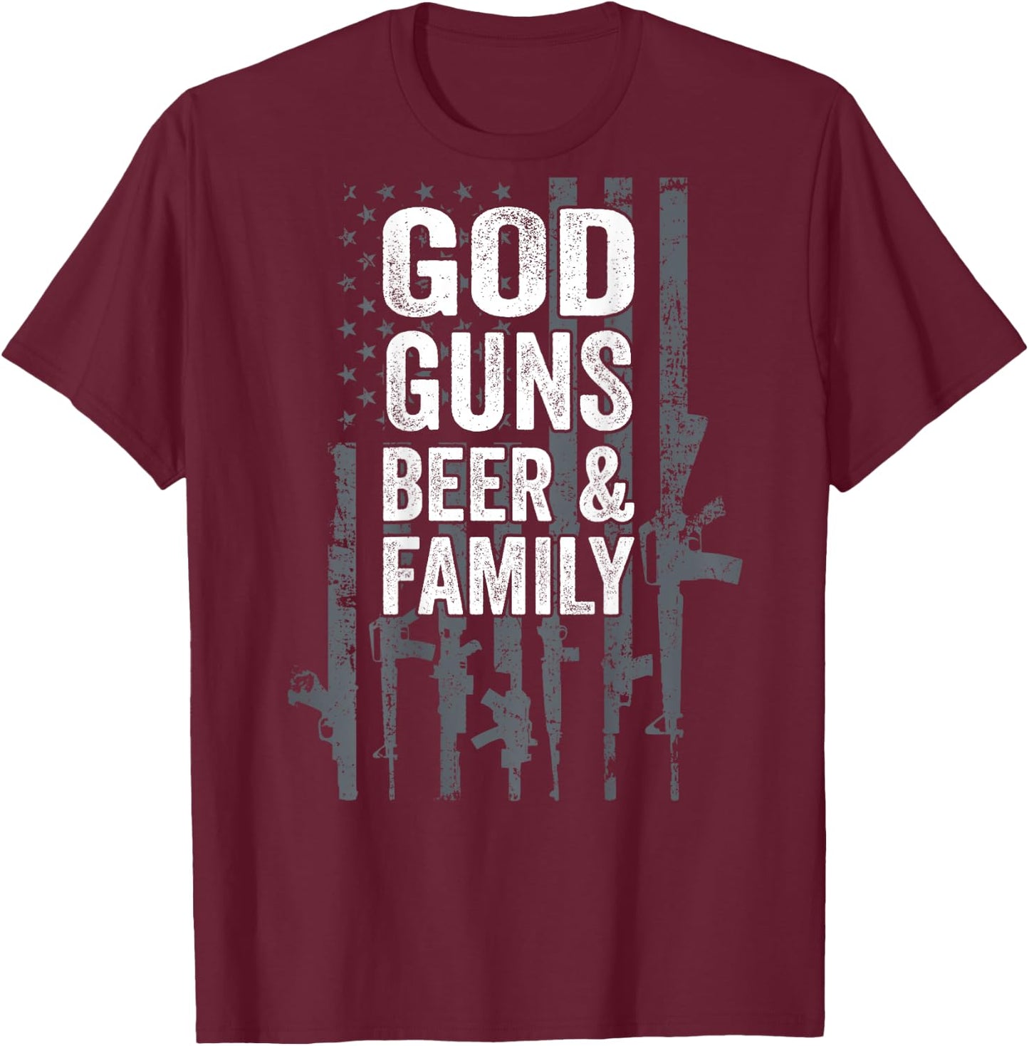 GOD GUNS BEER & FAMILY - USA Flag Drinking Gift - ON BACK T-Shirt - T-Shirt | Maroon