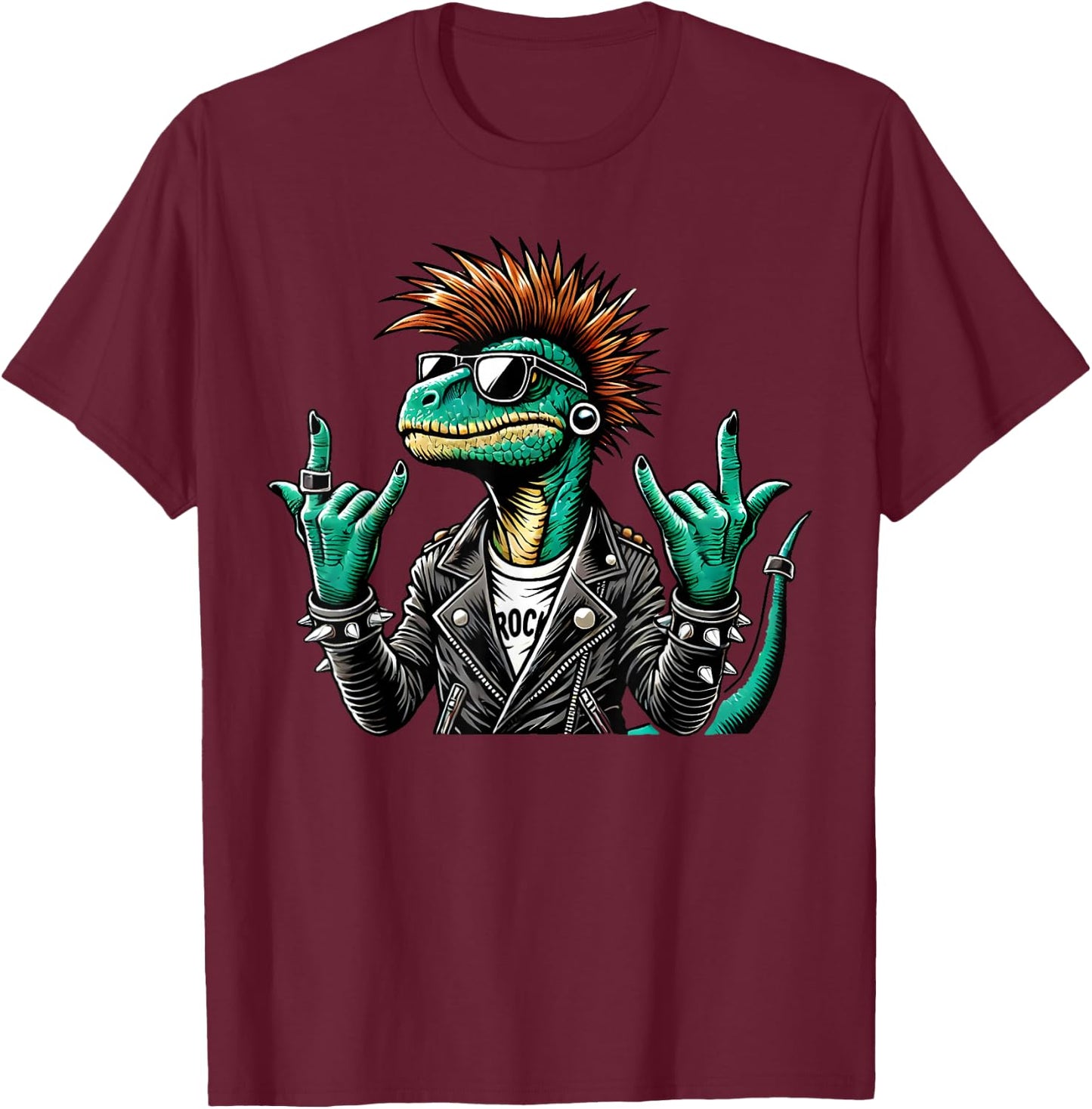Funny Punk Dinosaur, Cute Rock Dinosaur Gothic Rex Dinosaur , Black, S T-Shirt - T-Shirt | Maroon
