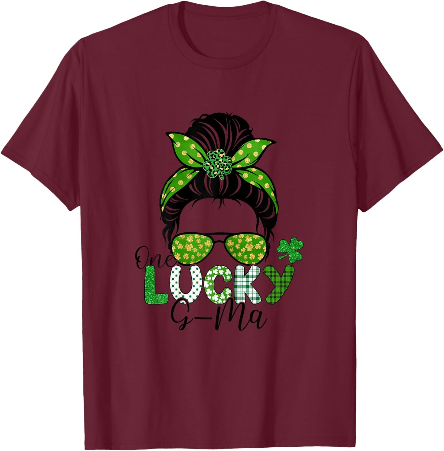 One Lucky G-Ma St Patricks Day Leopard Shamrock Messy Bun T-Shirt - T-Shirt | Maroon