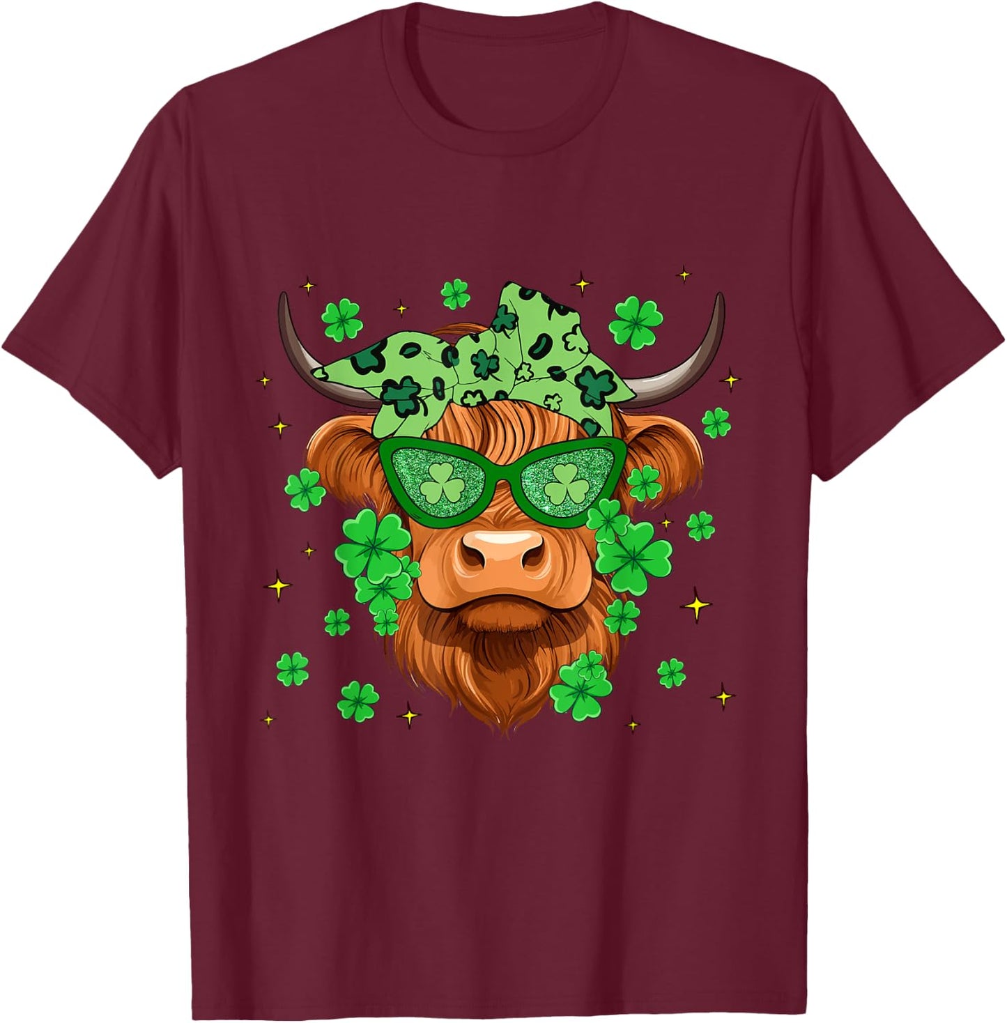 Scottish Highland Cow St Patricks Day Shamrock Irish Holiday T-Shirt - T-Shirt | Maroon
