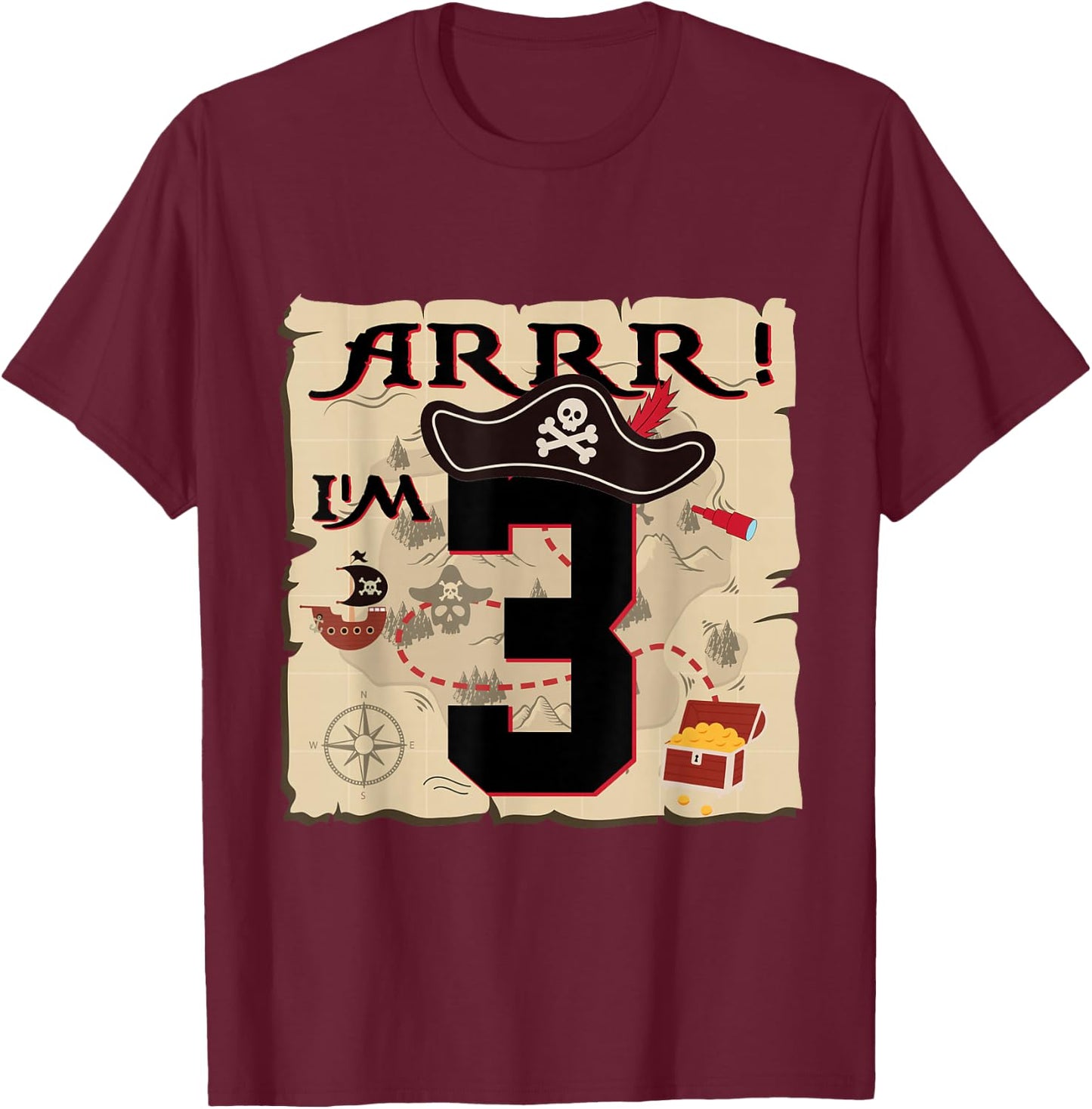 Arrr I'M 3 ARR Pirates Treasure Map 3rd Birthday Pirate T-Shirt - T-Shirt | Maroon