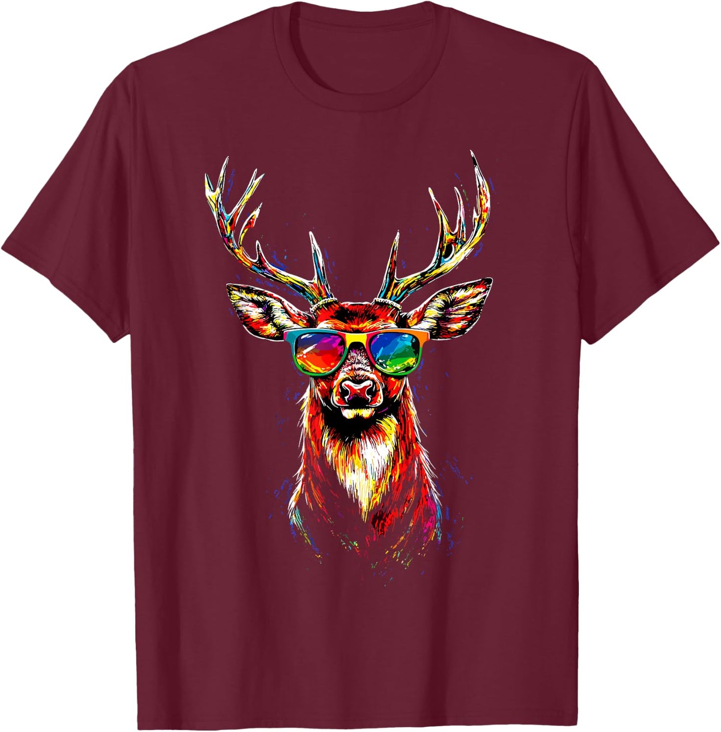 Deer with Sunglasses Antlers Hunting Deer Reindeer Red Deer , black, S T-Shirt - T-Shirt | Maroon