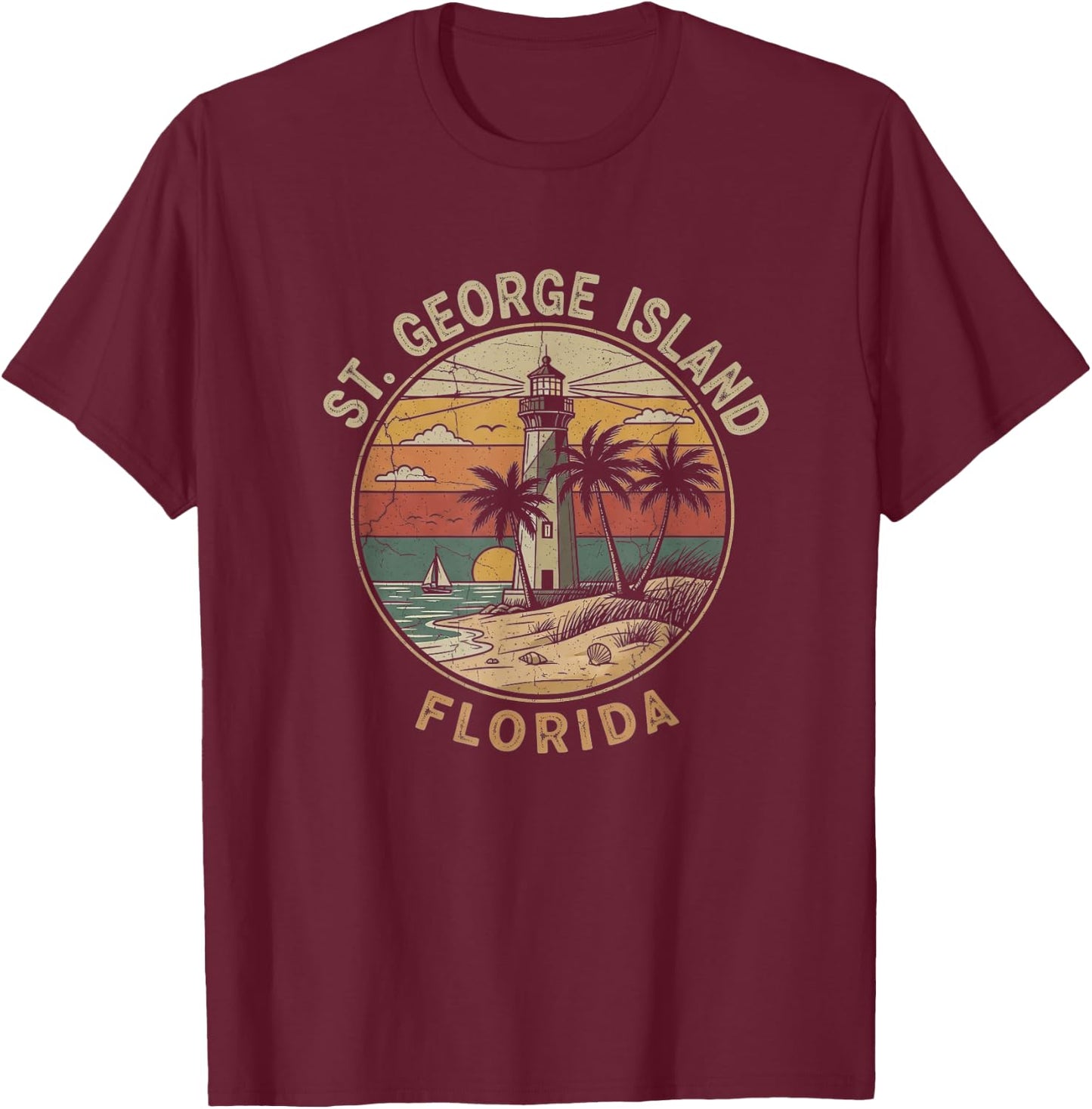 Retro St. George Island Florida Drawing Art Design T-Shirt - T-Shirt | Maroon