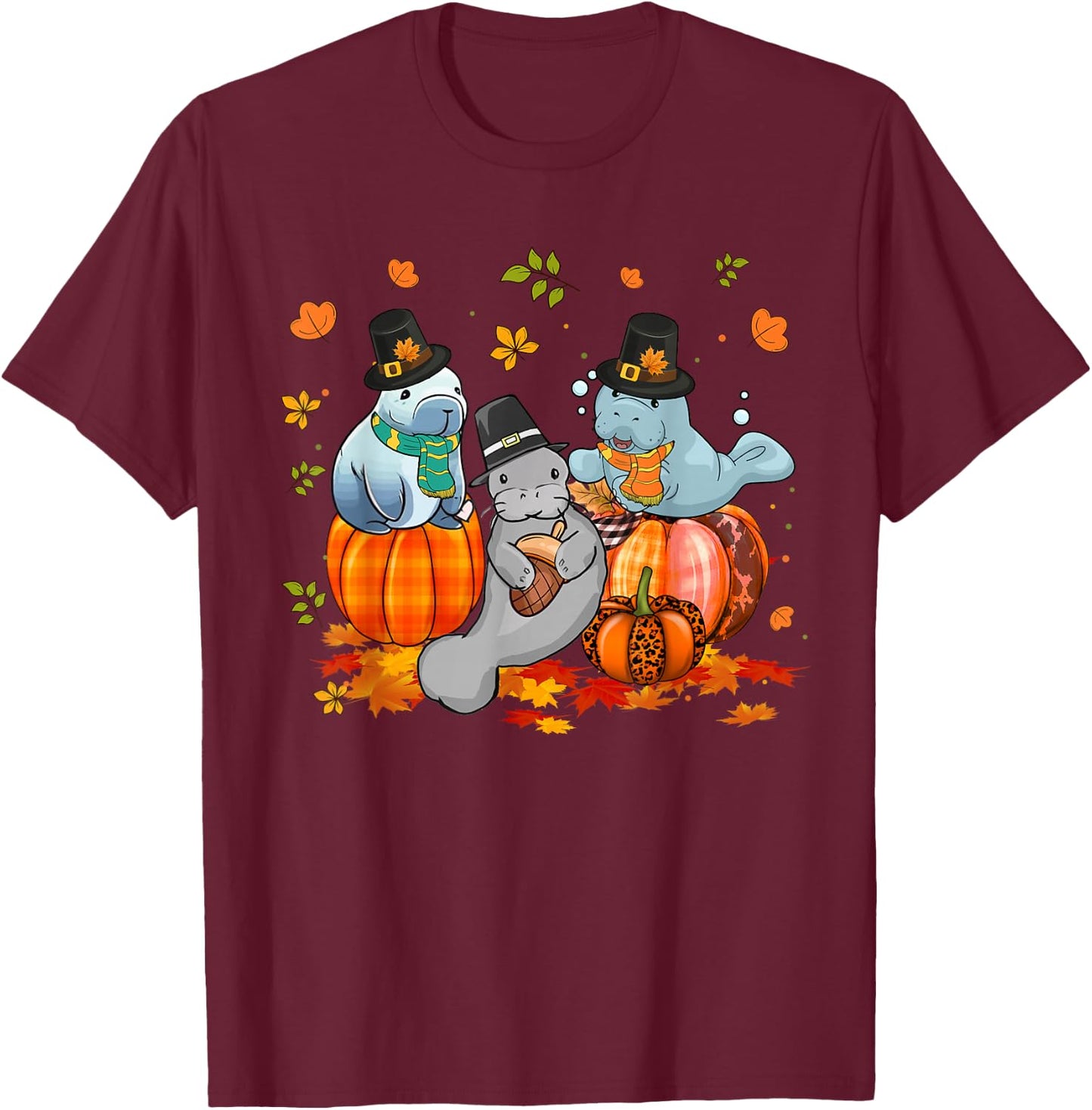 Manatee Pumpkin Leopard Buffalo Plaid Fall Thanksgiving T-Shirt - T-Shirt | Maroon