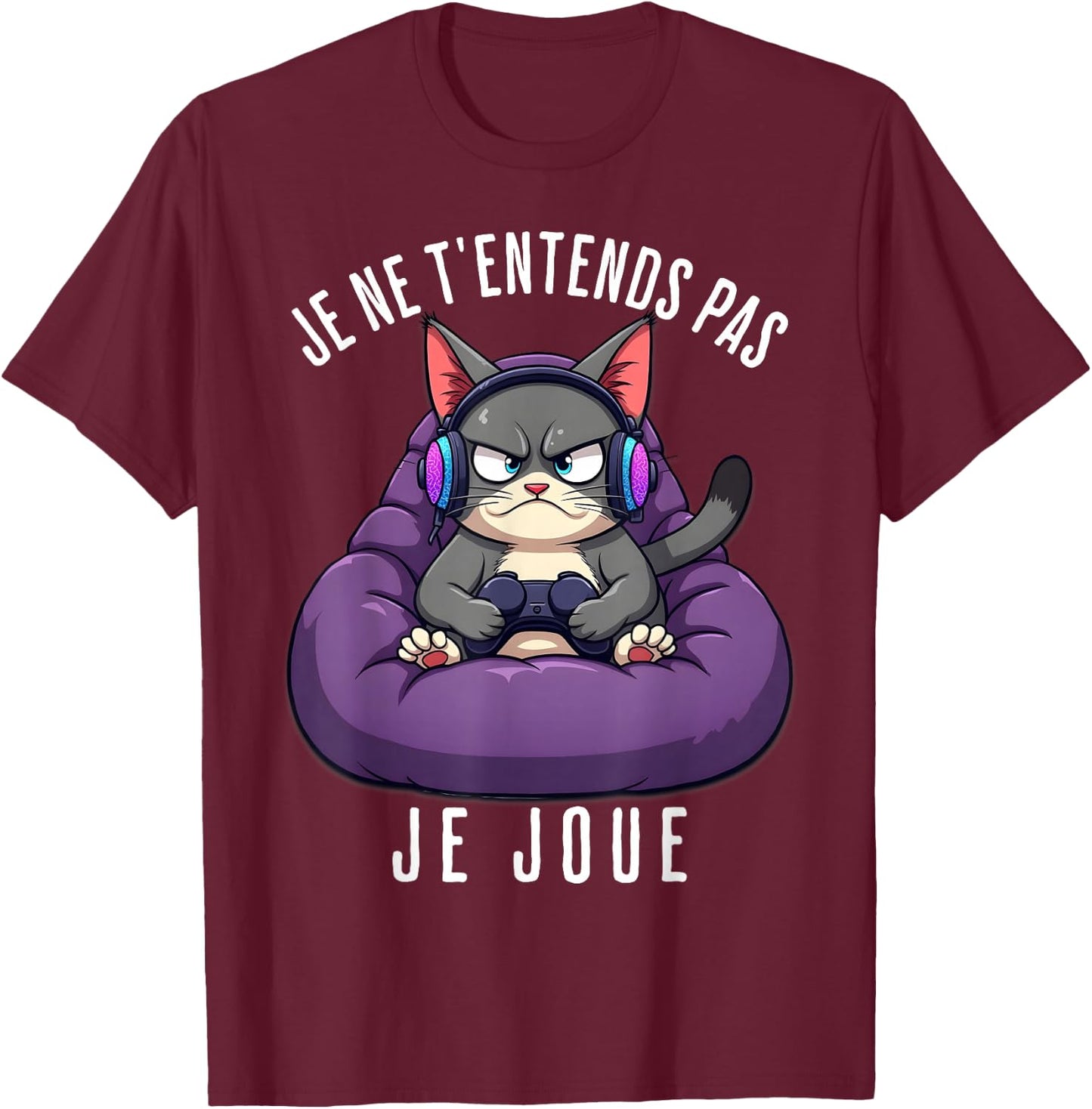 Funny Cat Gamer Funny Man Boy , Black, S T-Shirt - T-Shirt | Maroon