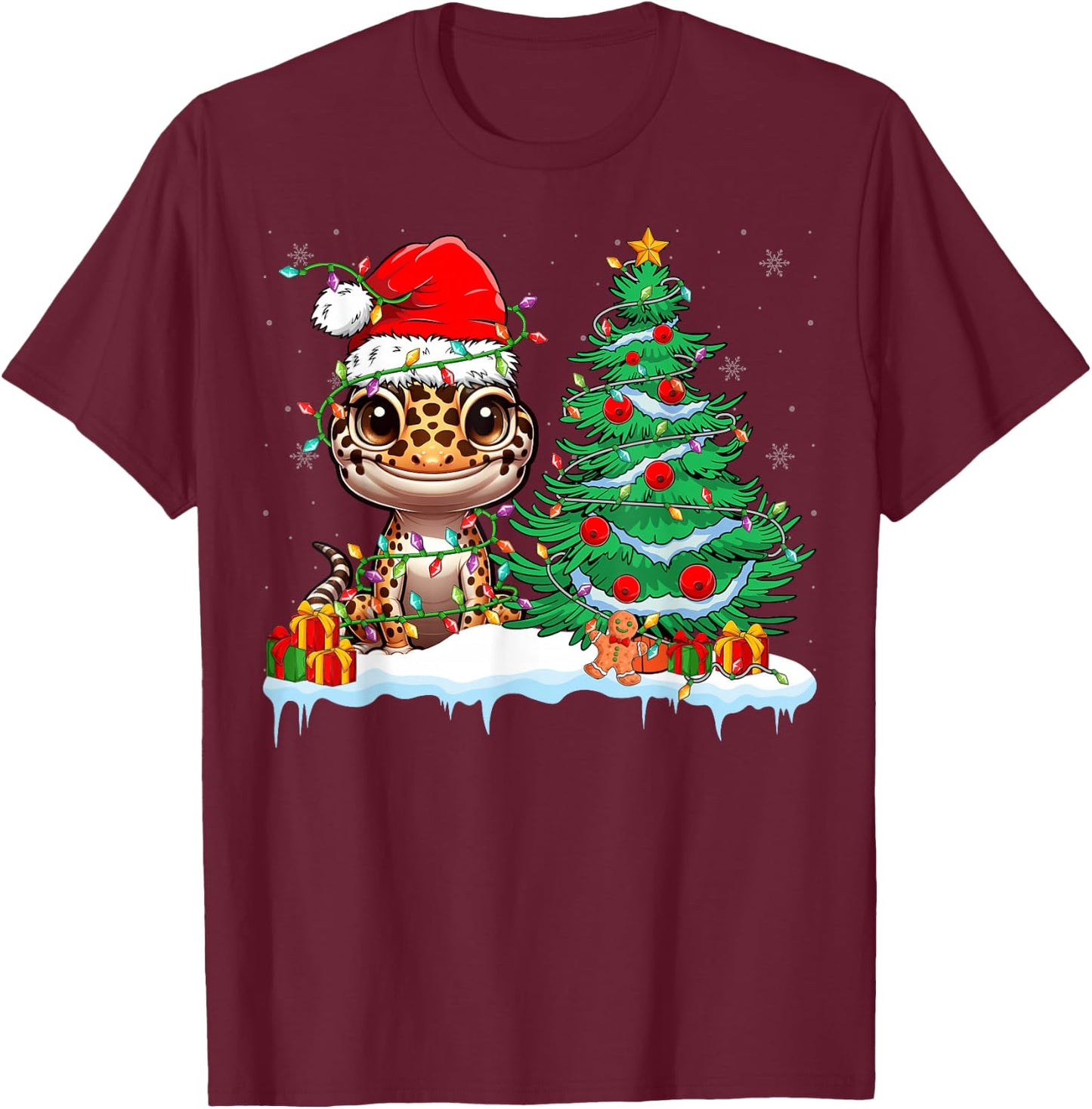 Leopard Gecko Santa Hat Xmas Lights Gecko Lover Christmas T-Shirt - T-Shirt | Maroon
