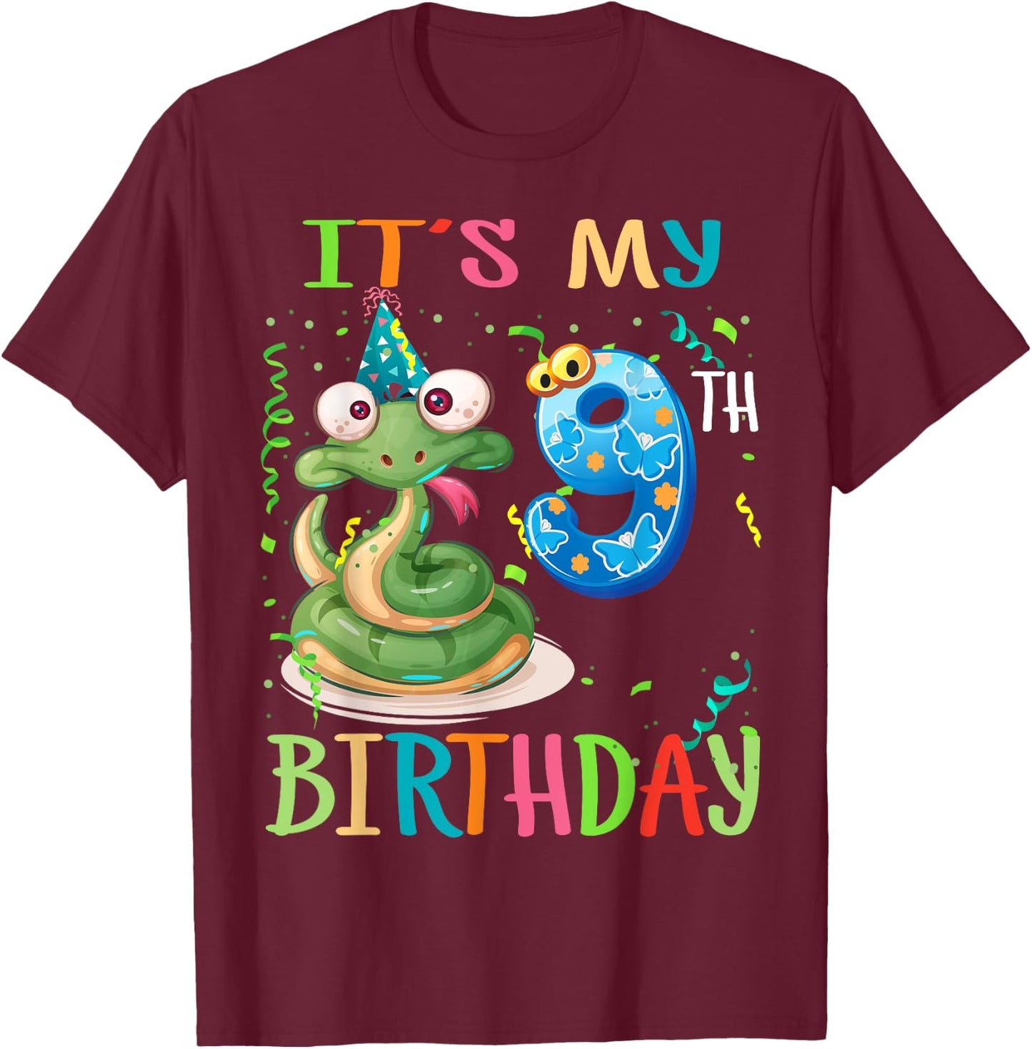 It's My 9th Birthday 9 Years Old Snake Boys Girls Teens T-Shirt - T-Shirt | Maroon