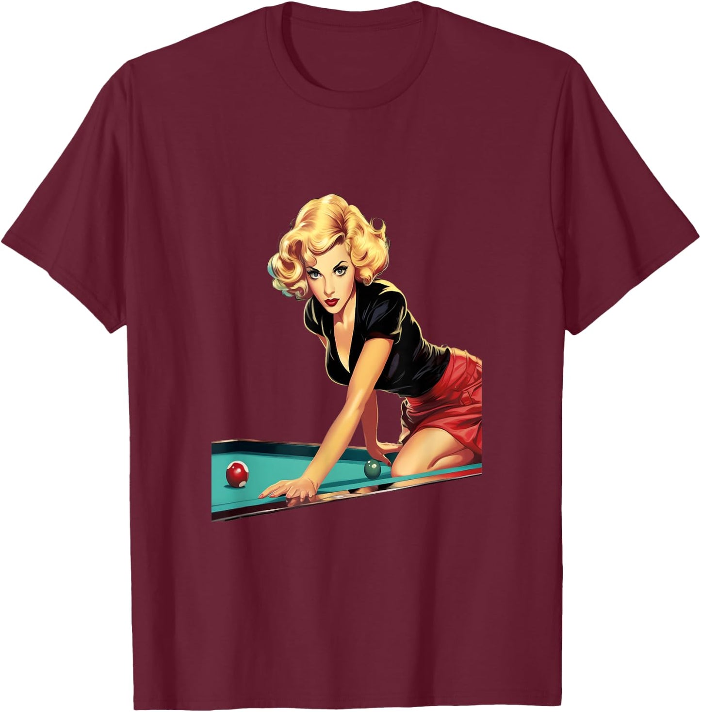Pinup Girl Playing Billiard Pool Player Vintage T-Shirt - T-Shirt | Maroon