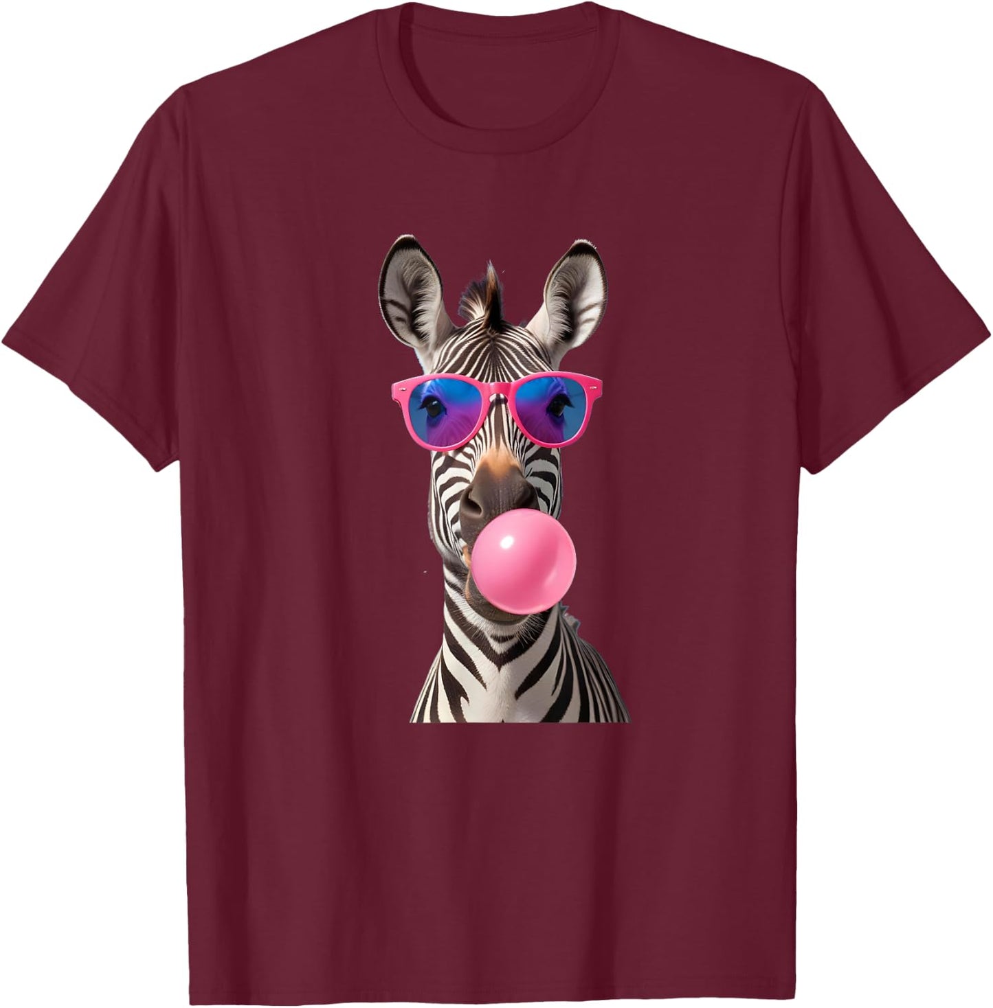 #snirt Funny Zebra Bubblegum Bubble Pink Sunglasses , black T-Shirt - T-Shirt | Maroon