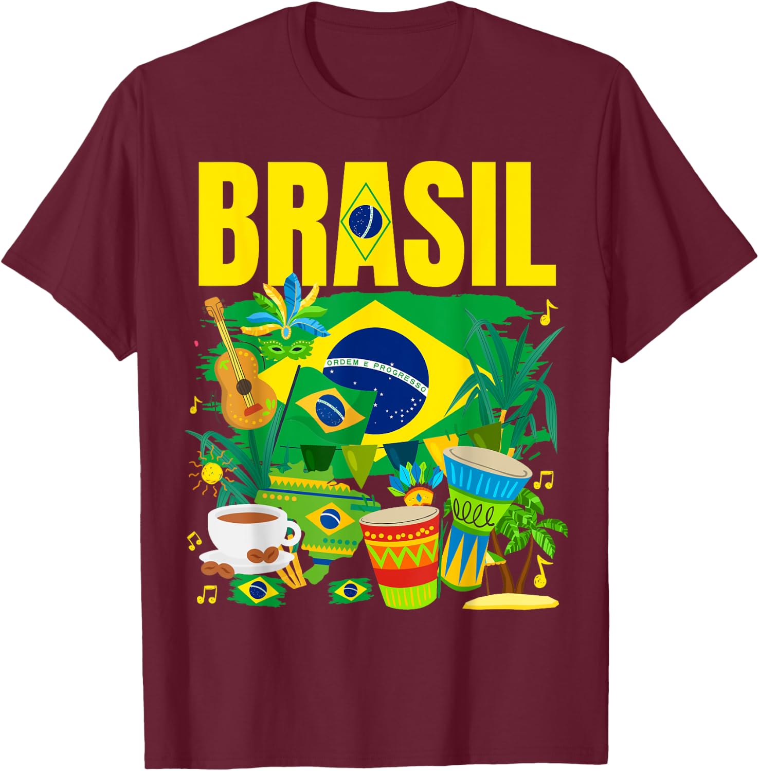 Brazil Flag - Outfit Idea - Brazilian Flag , Black, S T-Shirt - T-Shirt | Maroon