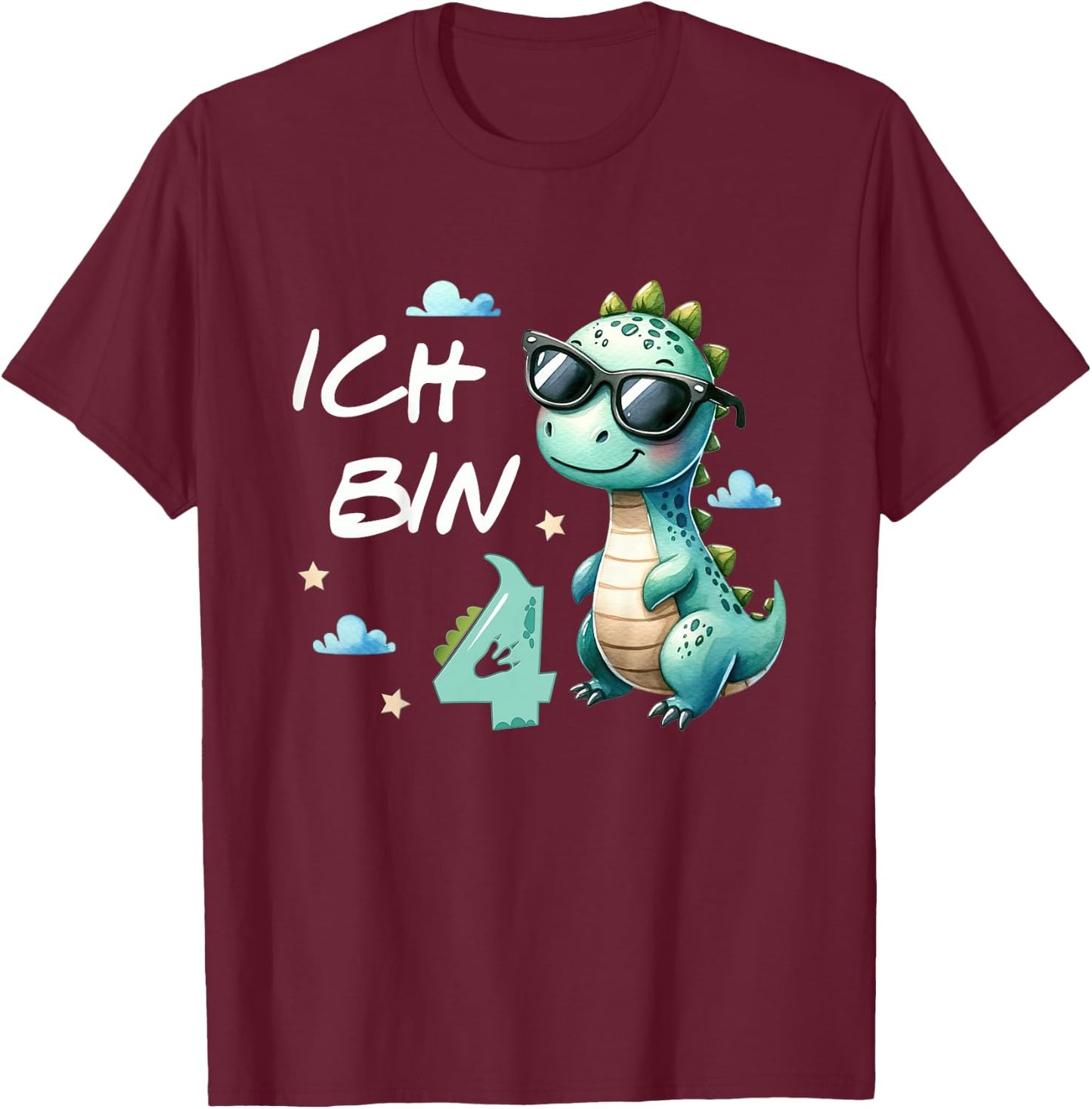Children's 4th Birthday Boy Girl Gifts 4 Years Old Cool Dino , black T-Shirt - T-Shirt | Maroon