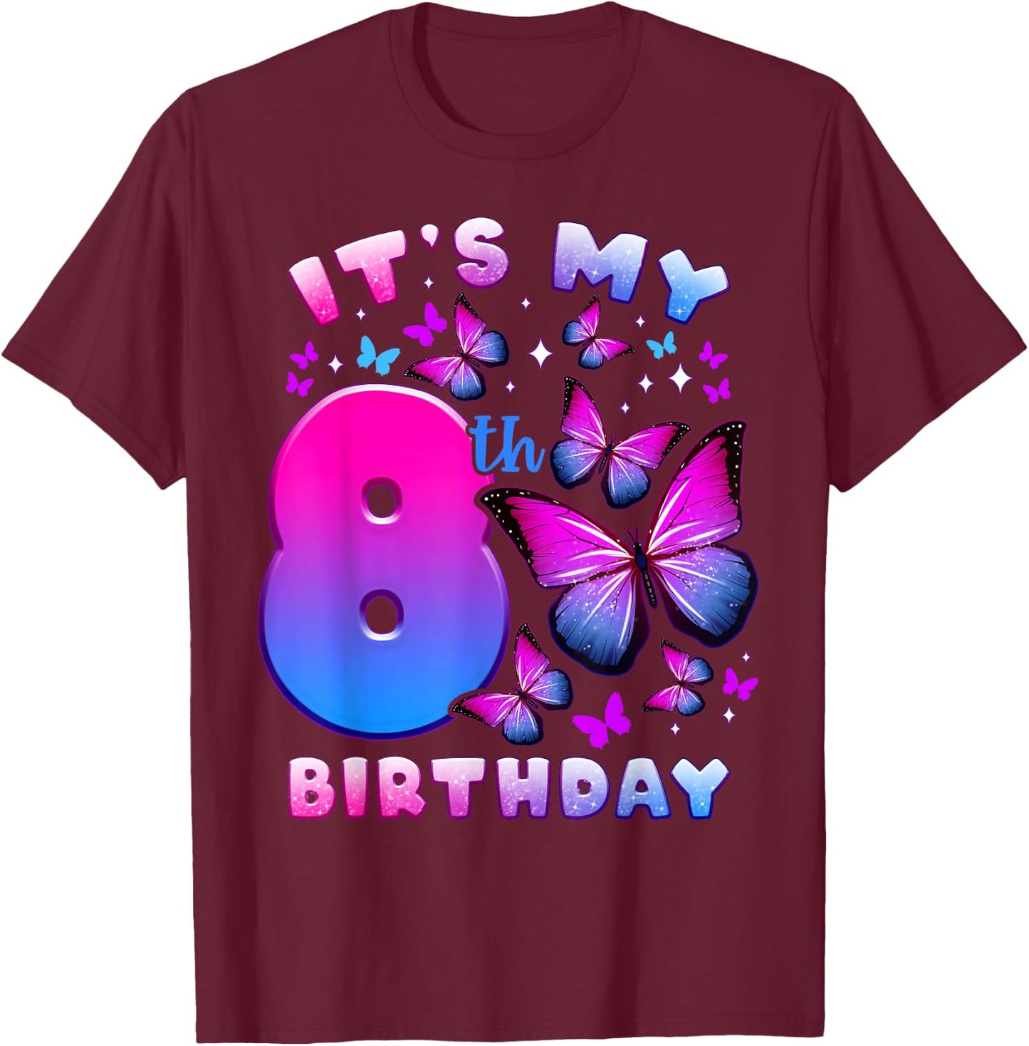 Birthday Girl 8 Years Old Butterfly Number 8 T-Shirt - T-Shirt | Maroon