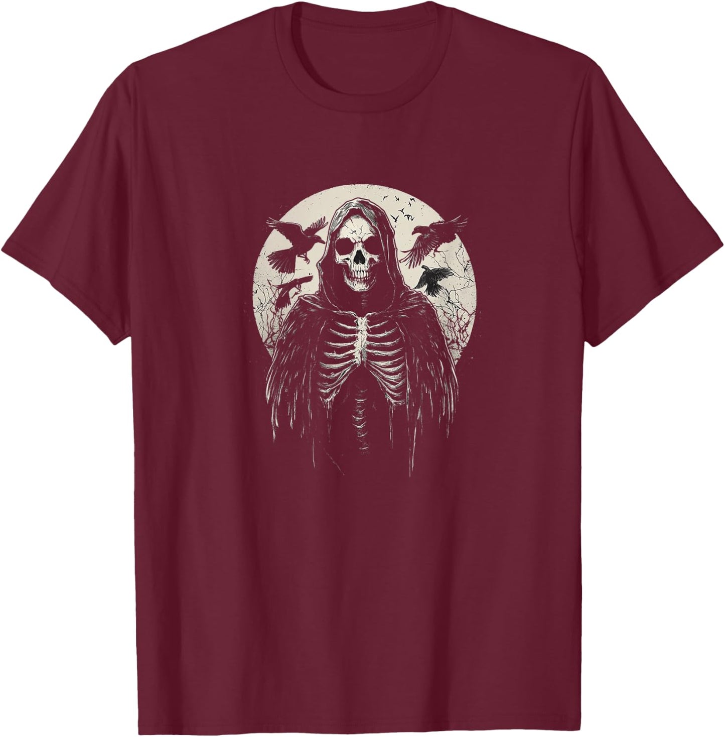 Black Gothic Raven Hooded Skeleton Graphic Gothic Style T-Shirt - T-Shirt | Maroon