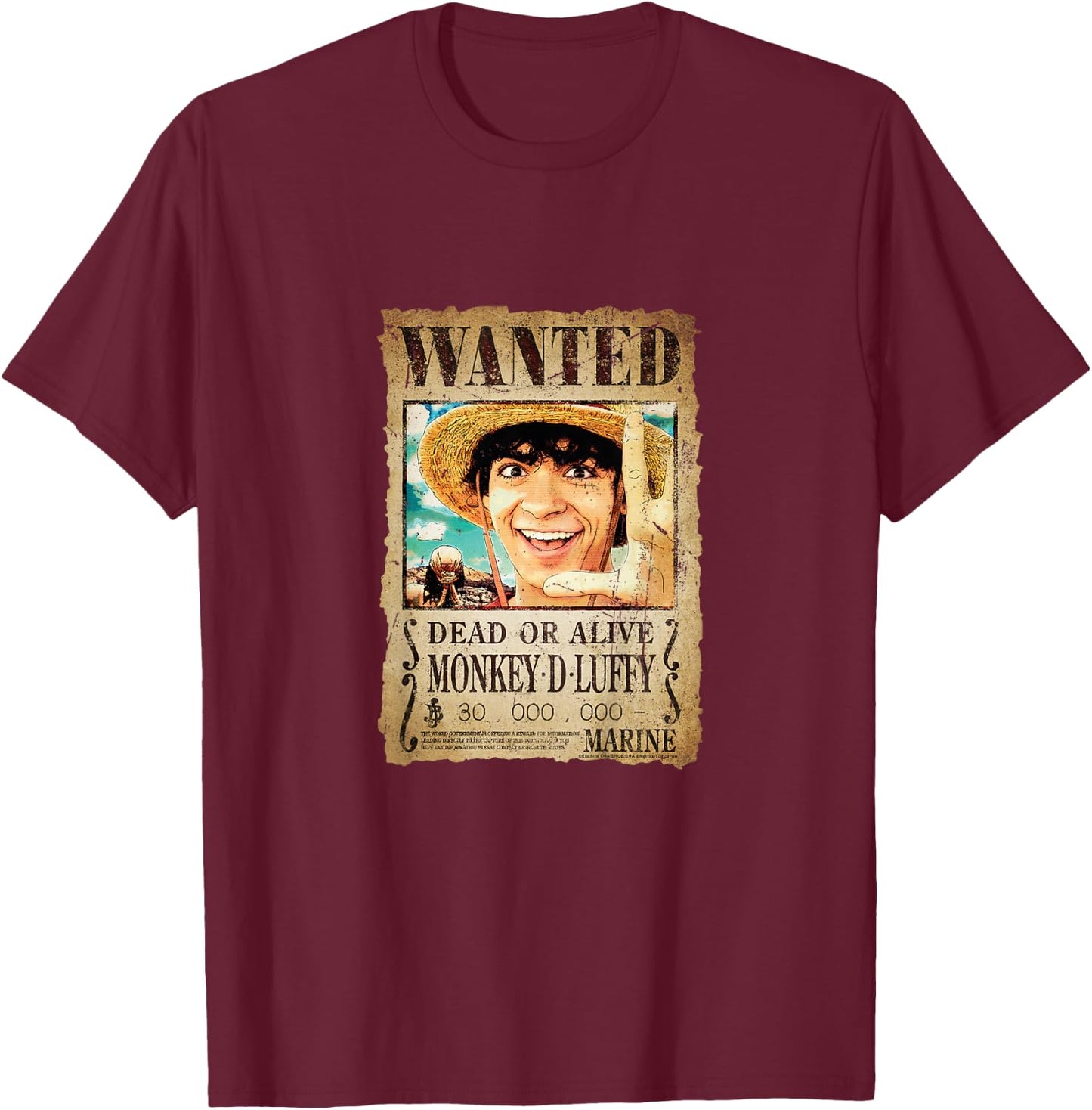 Children's Poster Monkey D Luffy Wanted Straw Hat Pirates Kids , Black, 2 T-Shirt - T-Shirt | Maroon