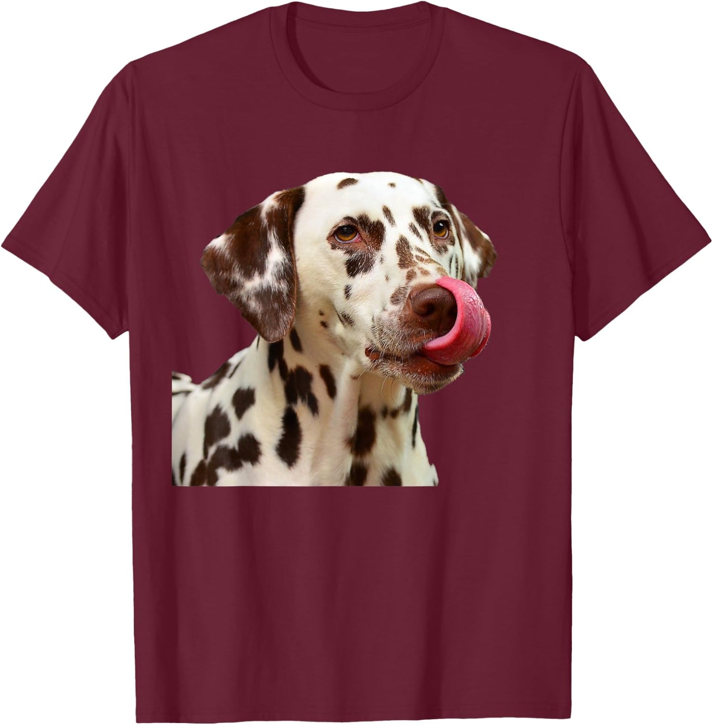 Dalmatian Tongue Licking Funny Cute Liver Color Spots T-Shirt - T-Shirt | Maroon