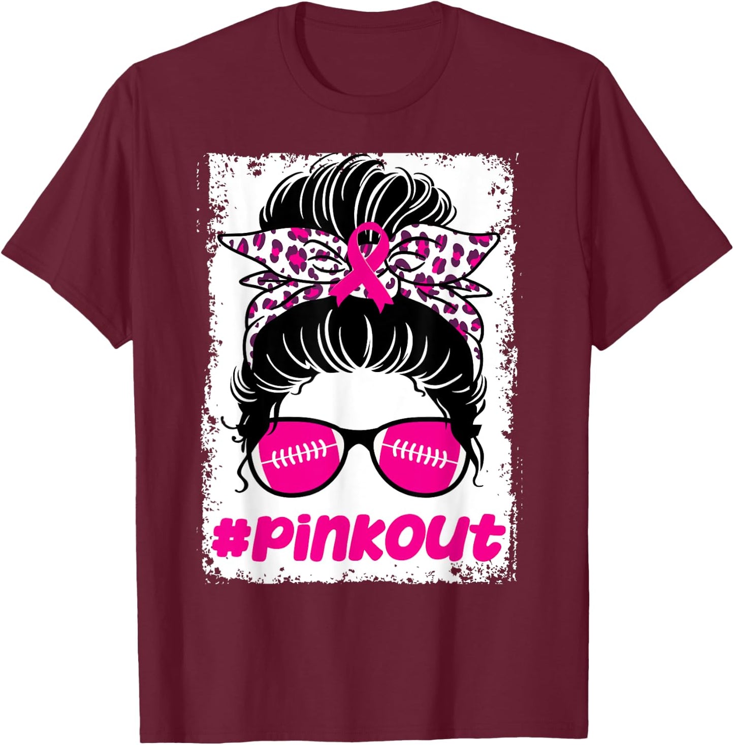 Pink Out Ou Breast Cancer Football Messy Bun Cheer Bleached T-Shirt - T-Shirt | Maroon