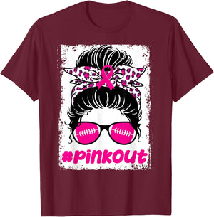 Pink Out Ou Breast Cancer Football Messy Bun Cheer Bleached T-Shirt - T-Shirt | Maroon