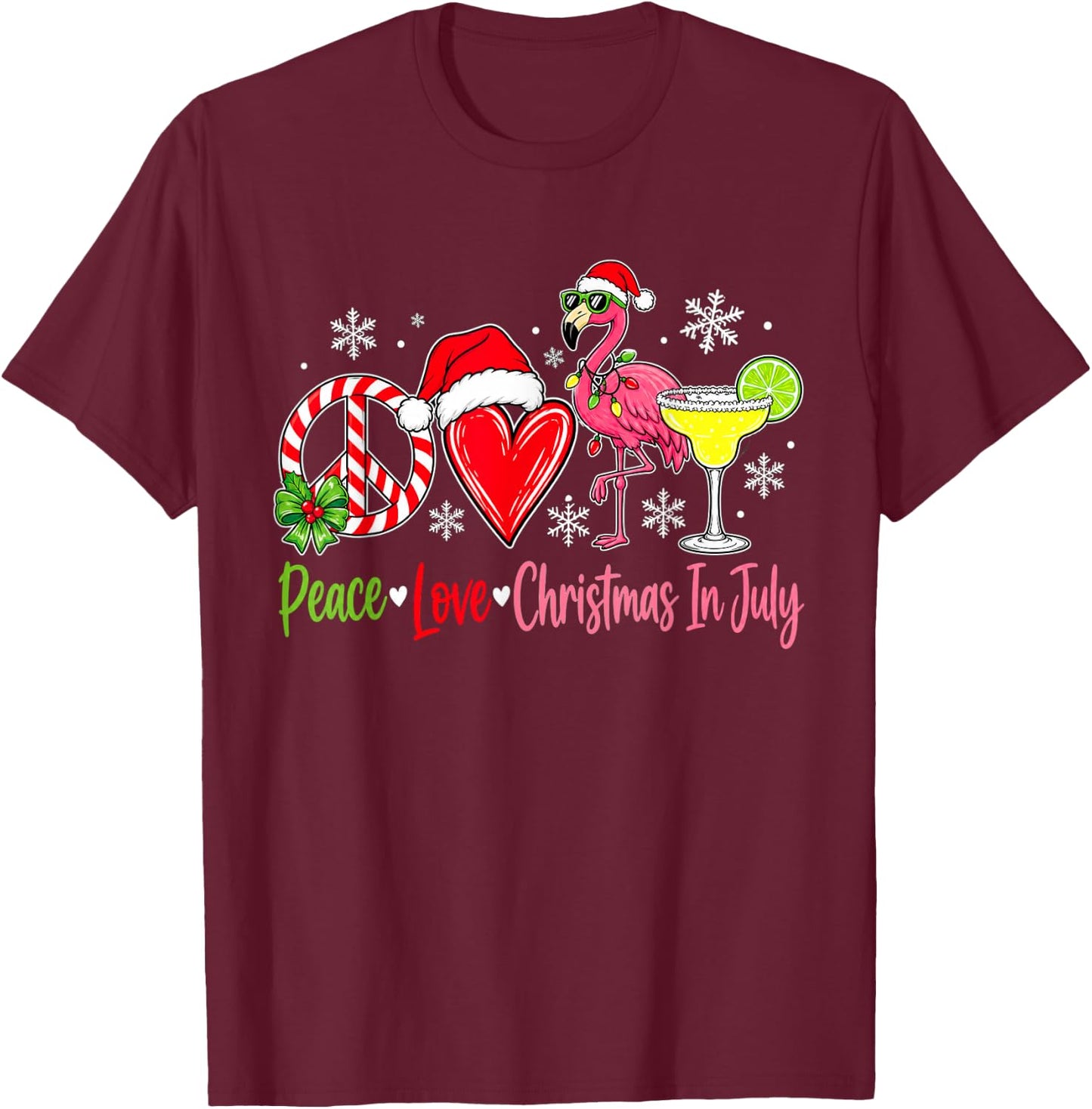 Peace Love Christmas in July Flamingo Christmas in July T-Shirt - T-Shirt | Maroon