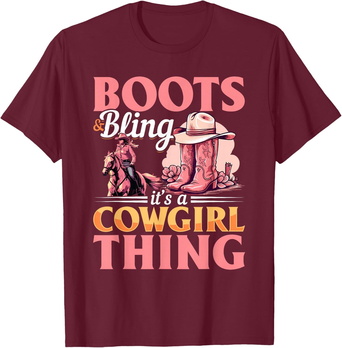 Rodeo Western Country Southern Cowgirl hat - Boots & Bling T-Shirt - T-Shirt | Maroon