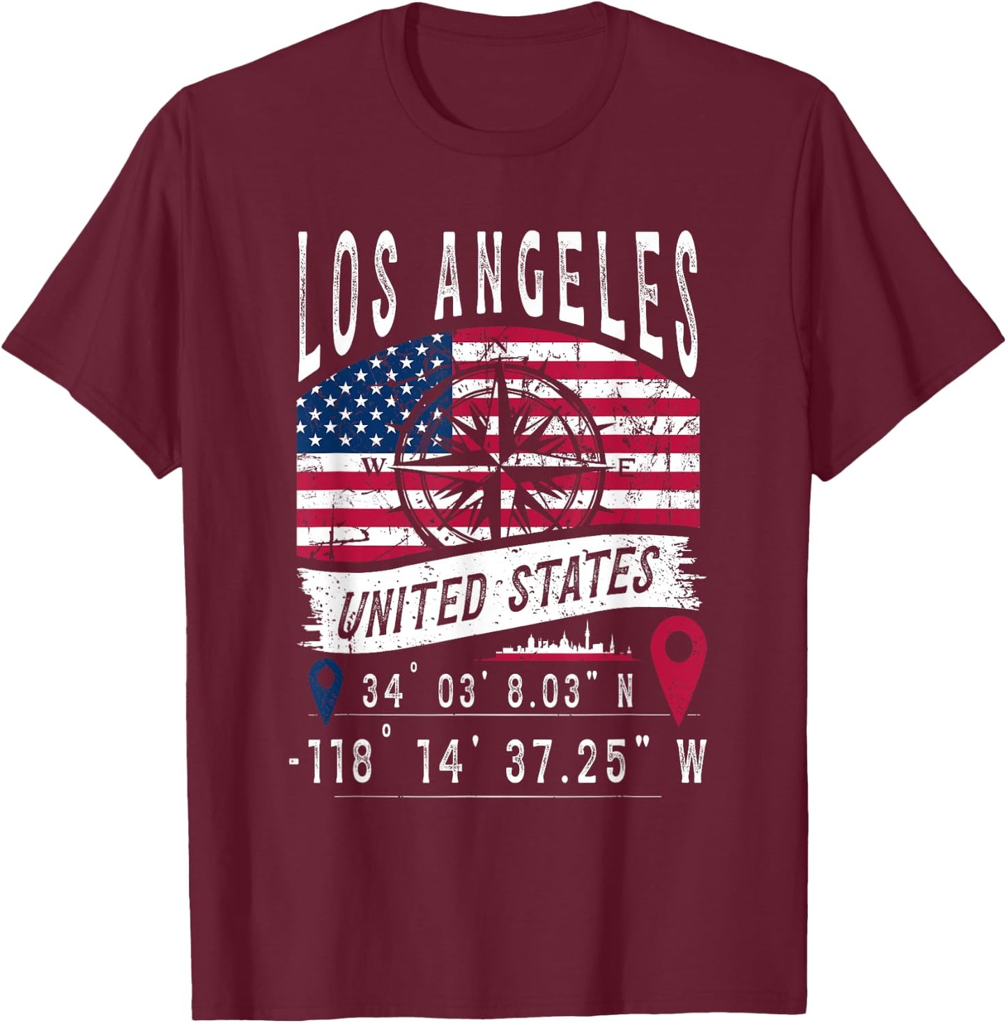 Los Angeles USA Flag GPS Coordinates Los Angeles , Black, S T-Shirt - T-Shirt | Maroon