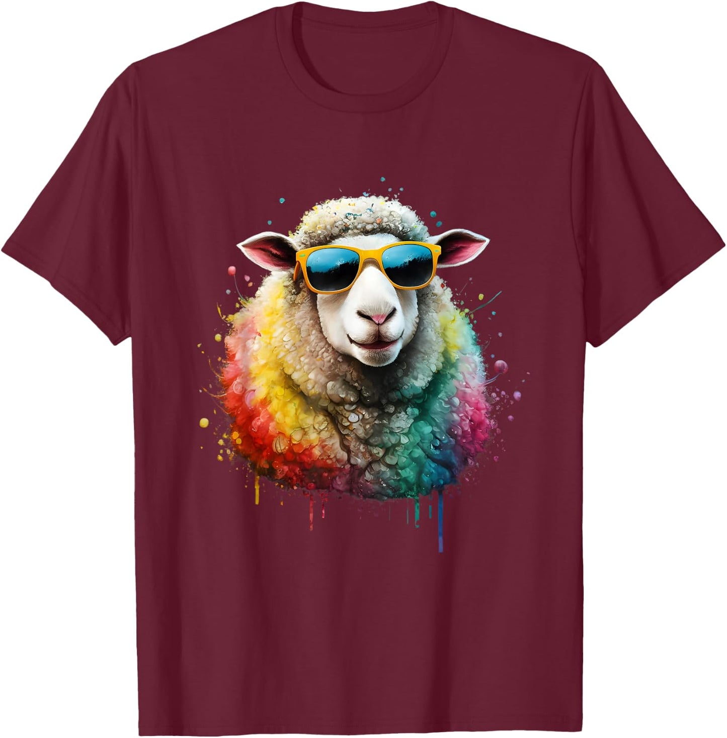 Sheep Men Woman Watercolor Colorful Sheep , Black, S T-Shirt - T-Shirt | Maroon