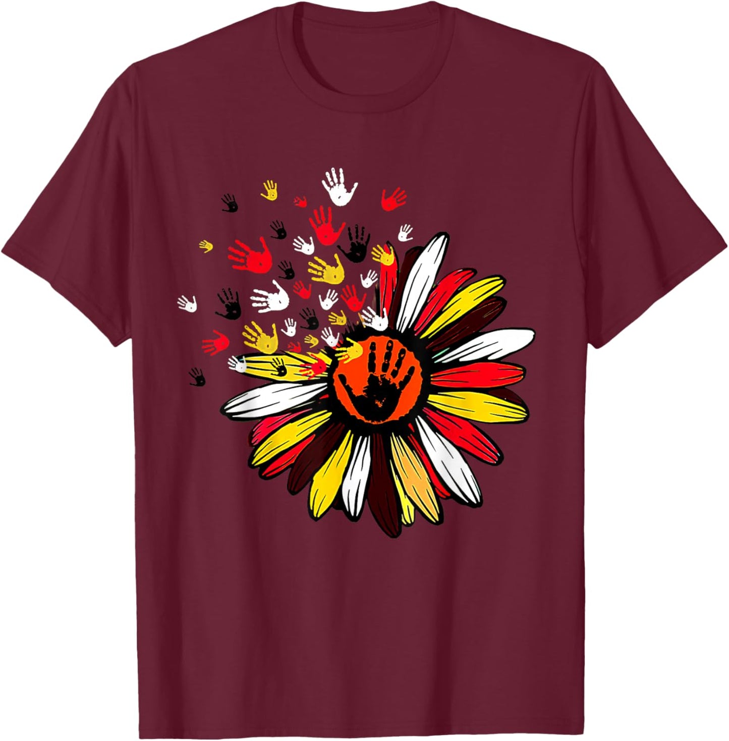Native American Handprint Flower Traditional Colors T-Shirt - T-Shirt | Maroon