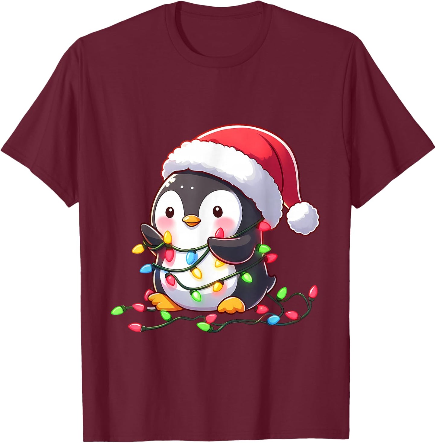 Merry Penguinmas Christmas Lights Cute Penguin Santa Hat T-Shirt - T-Shirt | Maroon