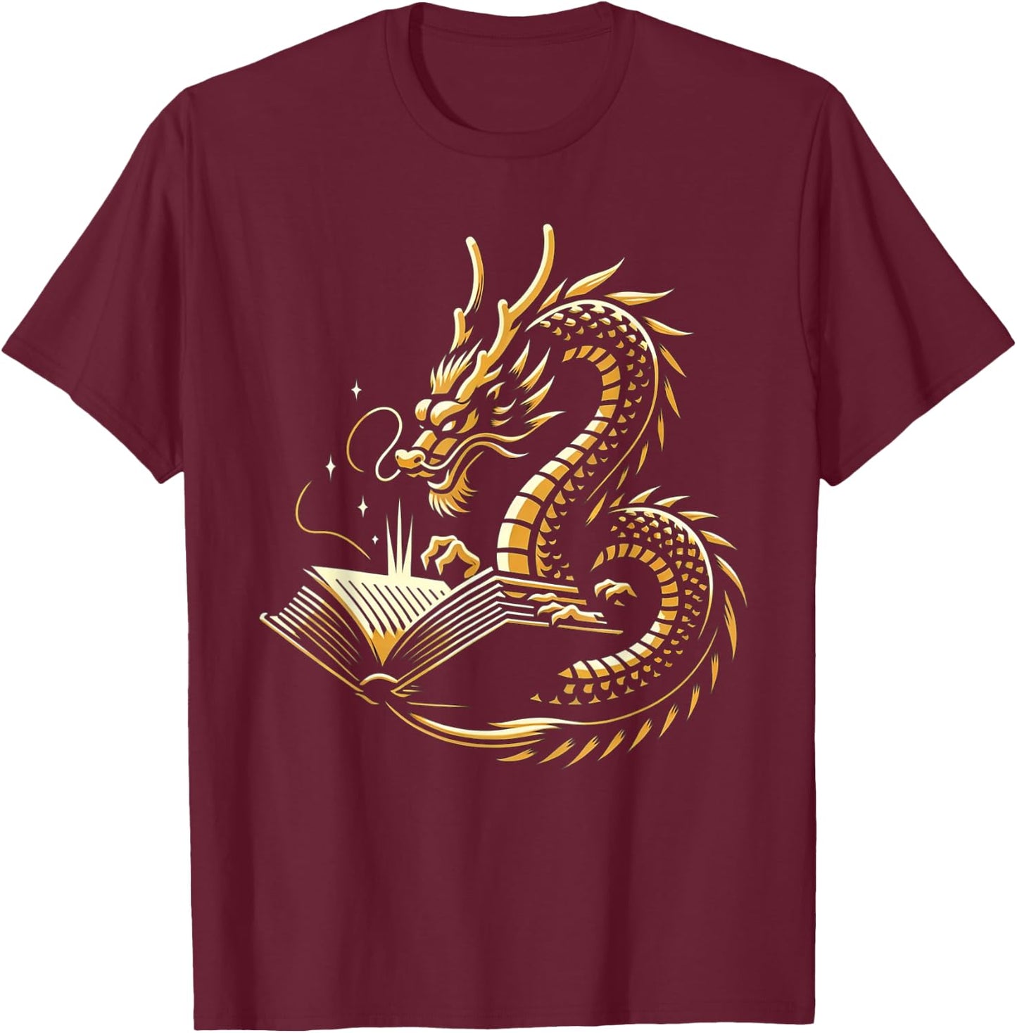 Book Lovers Dragon Fantasy Art Mythical Creatures Yellow Bookworm Chinese Dragon T-Shirt - T-Shirt | Maroon