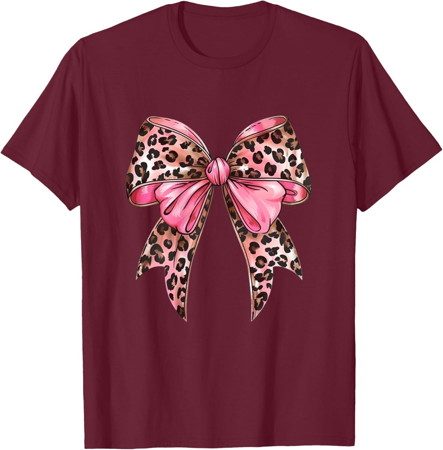 Leopard Coquette Bow Pink Leopard Bow Ribbon Watercolor Girl T-Shirt - T-Shirt | Maroon
