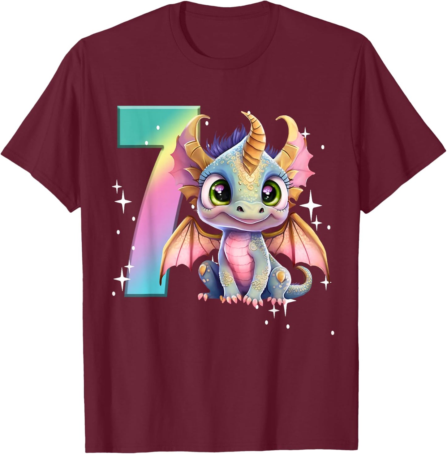 7th Birthday Shirt Girl Dragon Birthday Outfit Rainbow Seven T-Shirt - T-Shirt | Maroon
