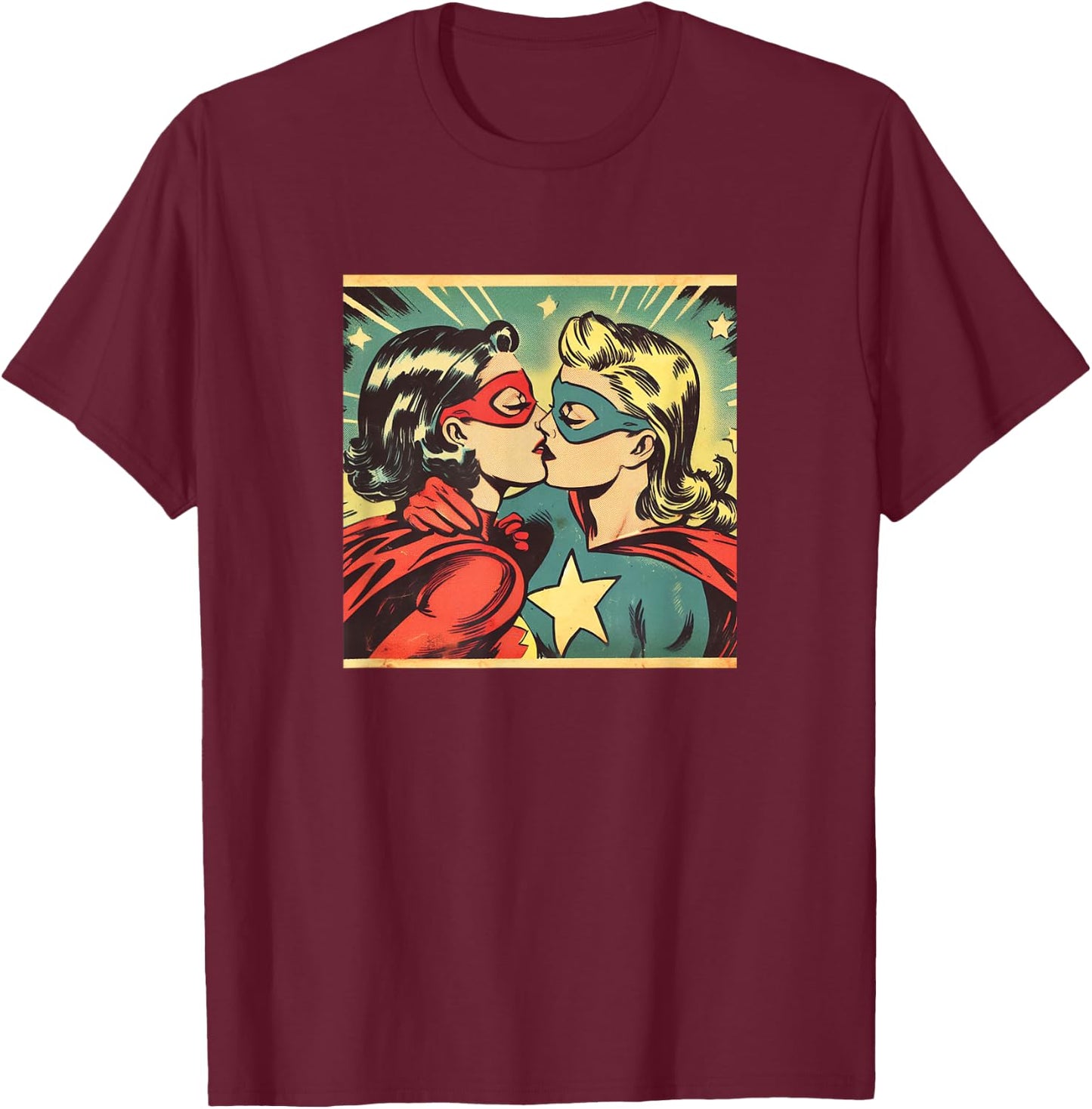 Vintage Superheroes Kissing Lesbian LGBT Queer Love Meme , black T-Shirt - T-Shirt | Maroon