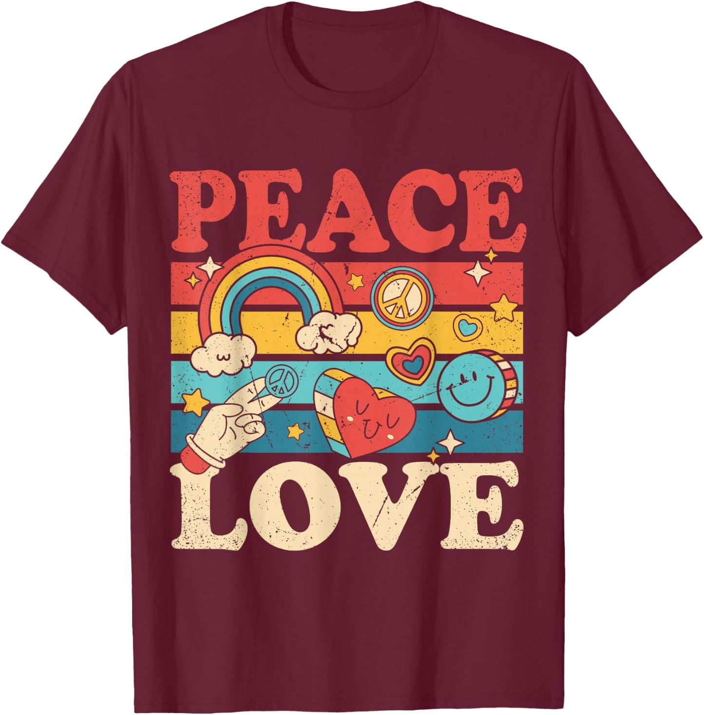 Peace Love 60's 70's 80's Party Outfit Groovy Hippie Costume , black T-Shirt - T-Shirt | Maroon