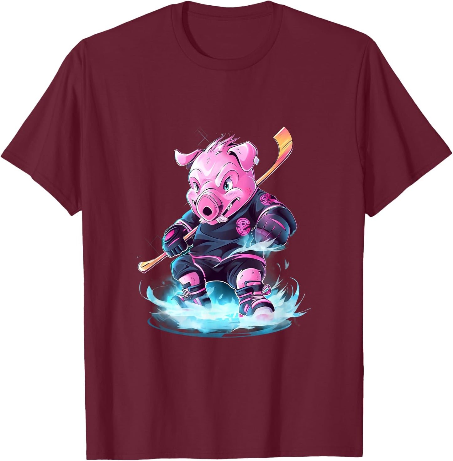Pig Ice Hockey Player Hockey Stick Goalkeeper T-Shirt - T-Shirt | Maroon