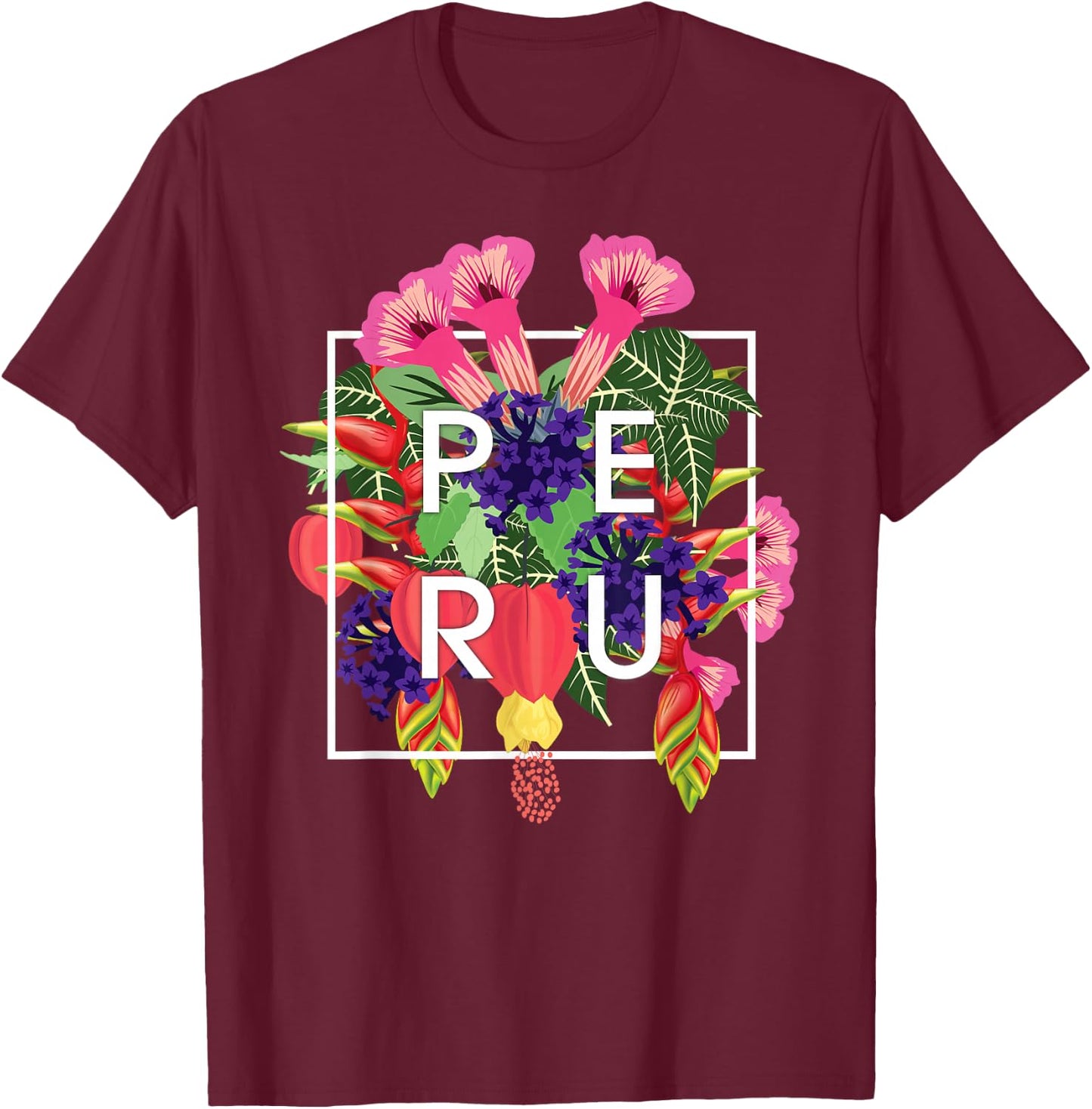 Flowers of Peru Word Art - Peruvian Pride T-Shirt - T-Shirt | Maroon