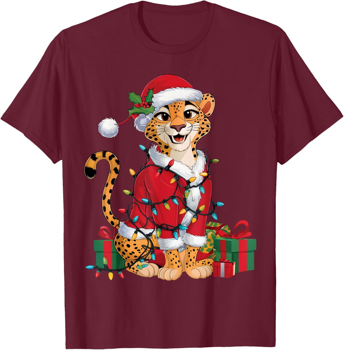 Xmas Lighting Santa Cheetah Christmas T-Shirt - T-Shirt | Maroon