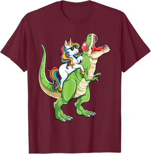 Unicorn Riding T rex Dinosaur Boys Girls Men Women Funny T-Shirt - T-Shirt | Maroon