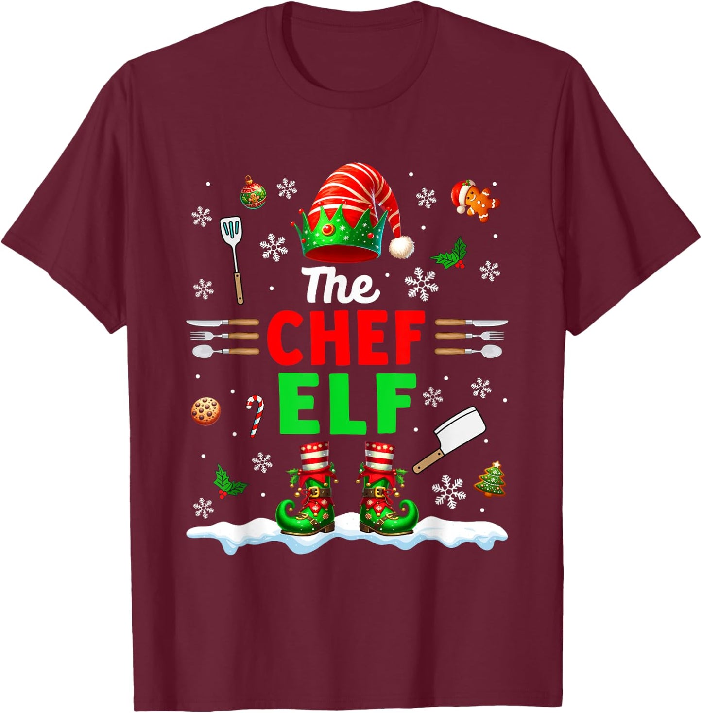 The Chef Elf Christmas Job Team Matching Funny Party T-Shirt - T-Shirt | Maroon