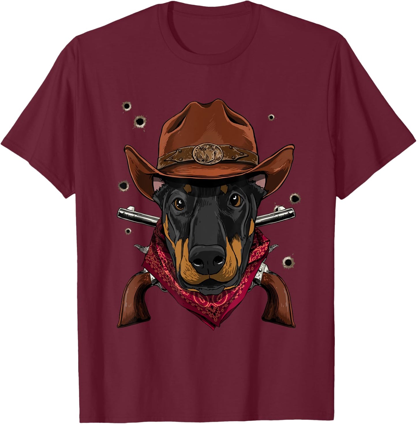 Cowboy Doberman Western Rodeo Cowboy Hat and Bandana Dog T-Shirt - T-Shirt | Maroon