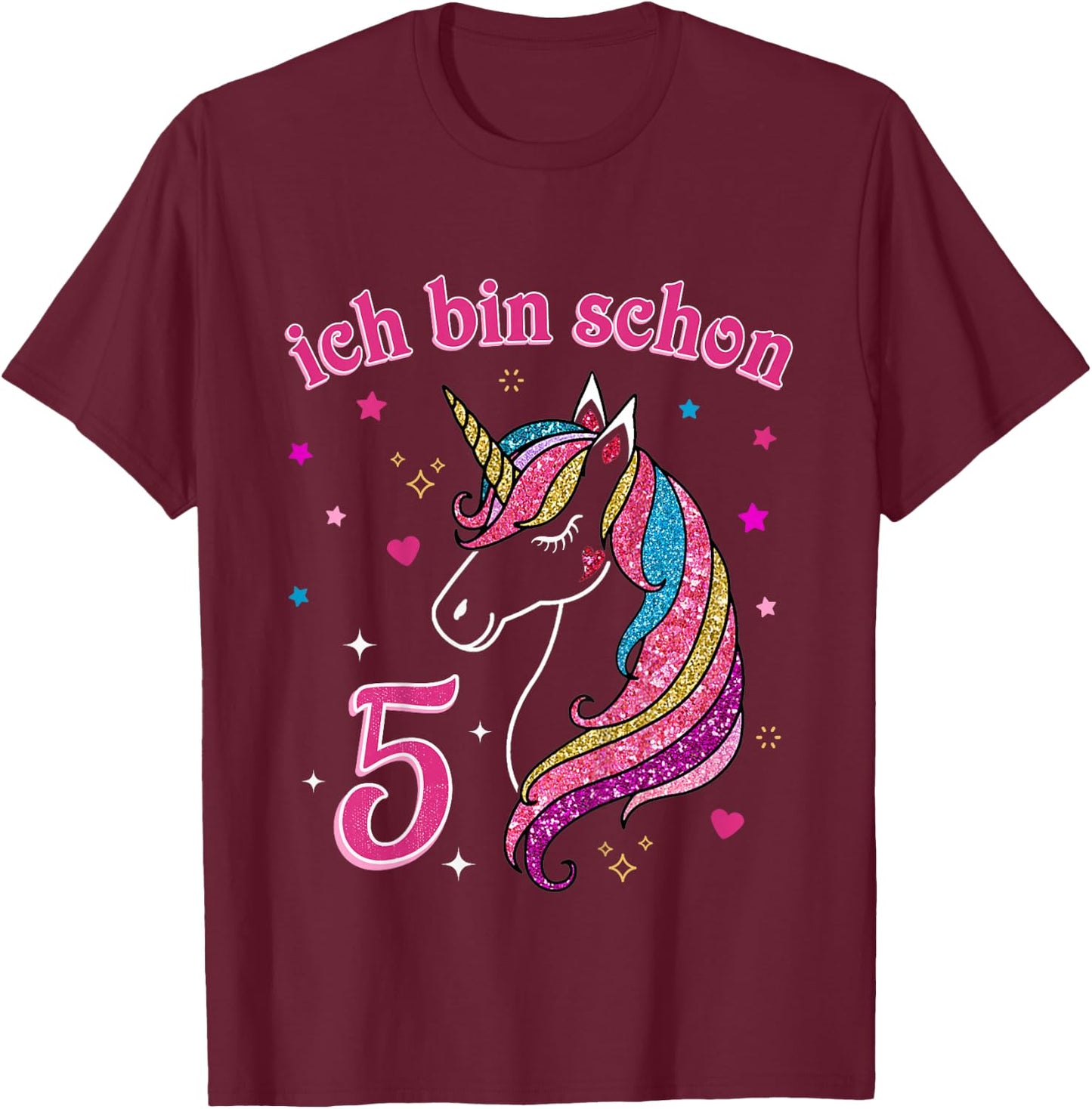 Children's 5th Birthday Girls' with German Text "Ich bin schon 5 Jahre alt Einhorn", black T-Shirt - T-Shirt | Maroon