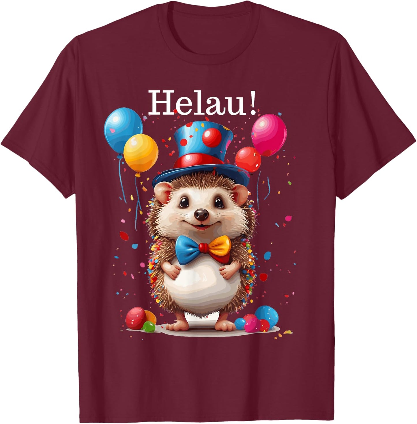 Carnival Costume Helau Hedgehog with Hat Costume and Balloons , black T-Shirt - T-Shirt | Maroon