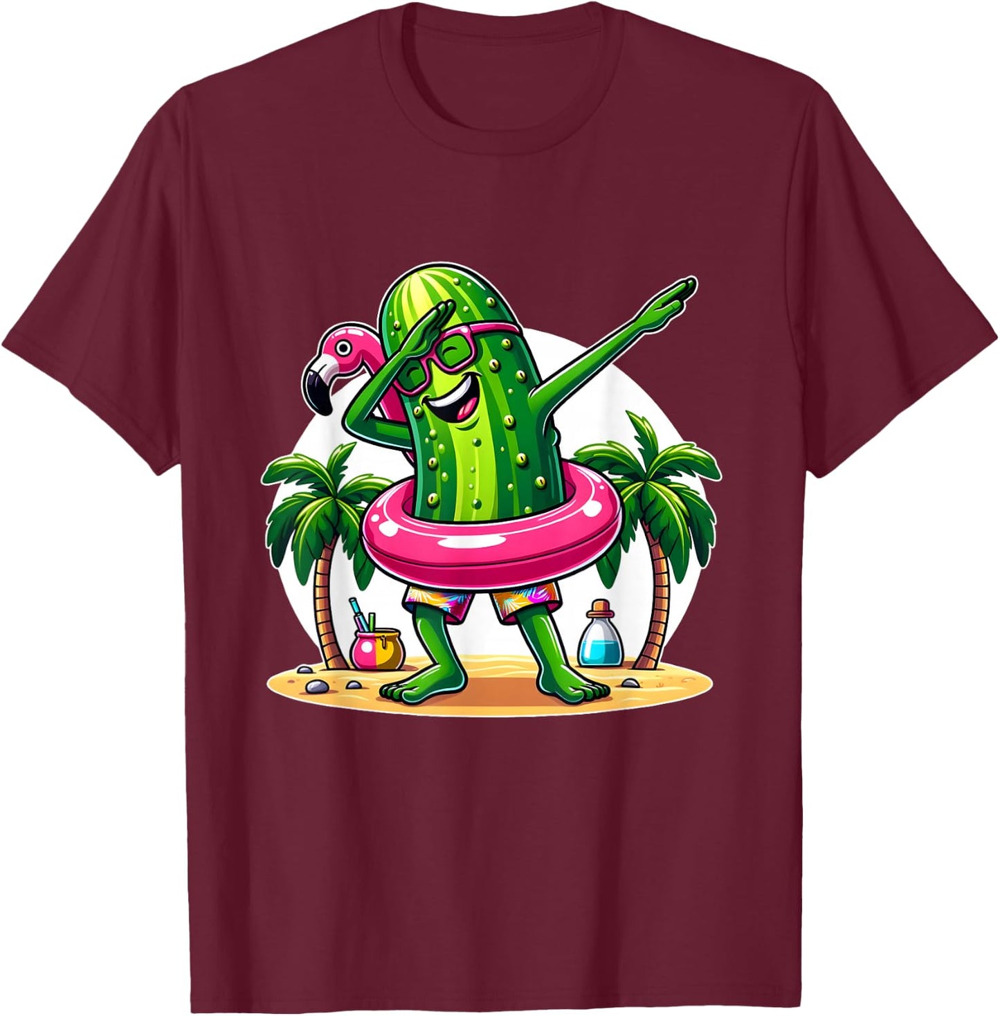 Unique Dabbing Pickle Flamingo Summer Fun T-Shirt - T-Shirt | Maroon