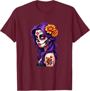 Dia de los Muertos Head Mexican Woman Mexico Sugar Skull , Black, Female X-Small T-Shirt - T-Shirt | Maroon