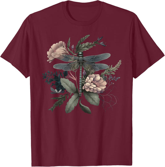 Cute Cottagecore Aesthetic Floral Dragonfly Graphic Nature T-Shirt - T-Shirt | Maroon