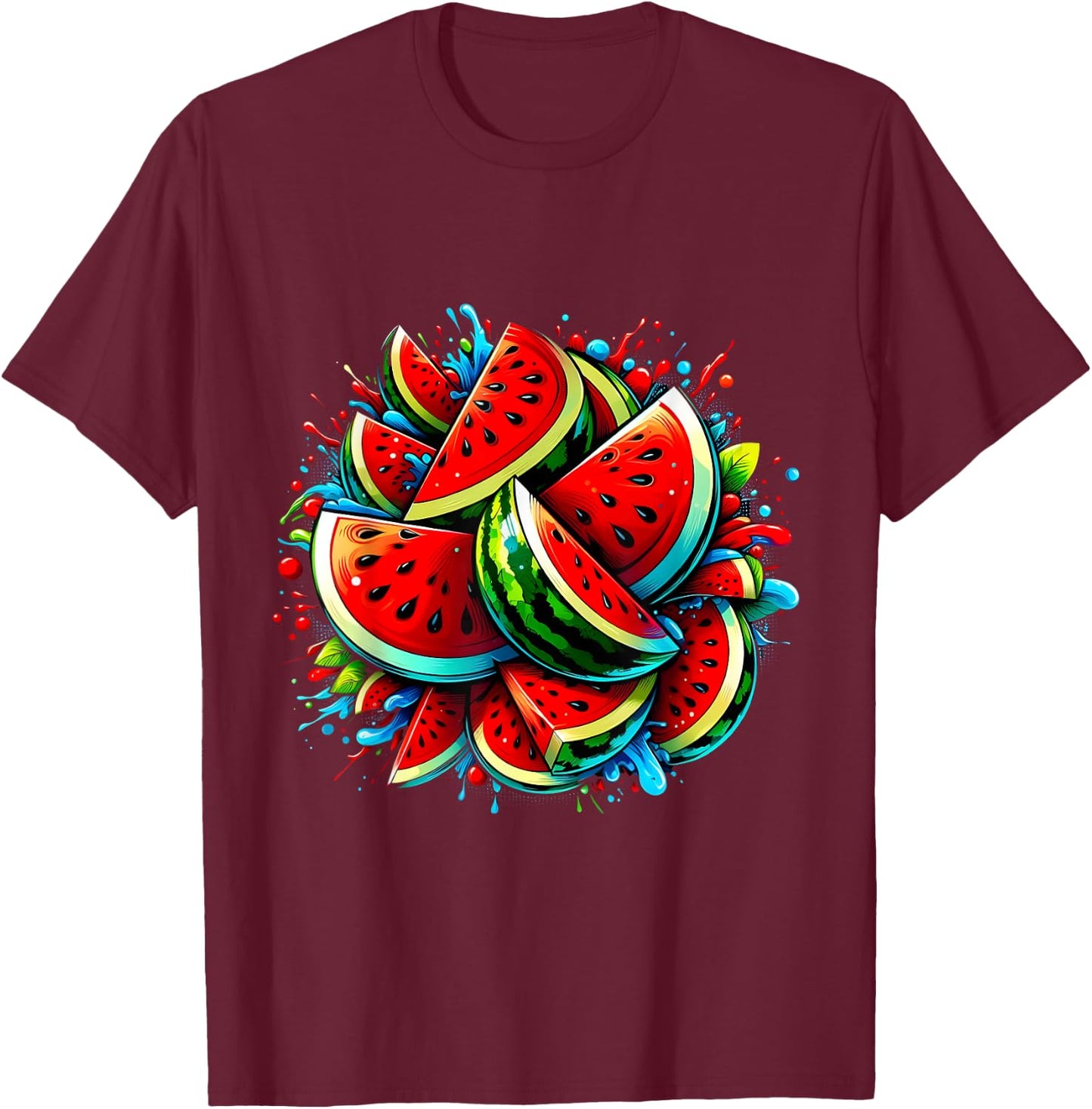 Colorful Watermelon Shirt Tropical Fruit Lovers , Black, S T-Shirt - T-Shirt | Maroon