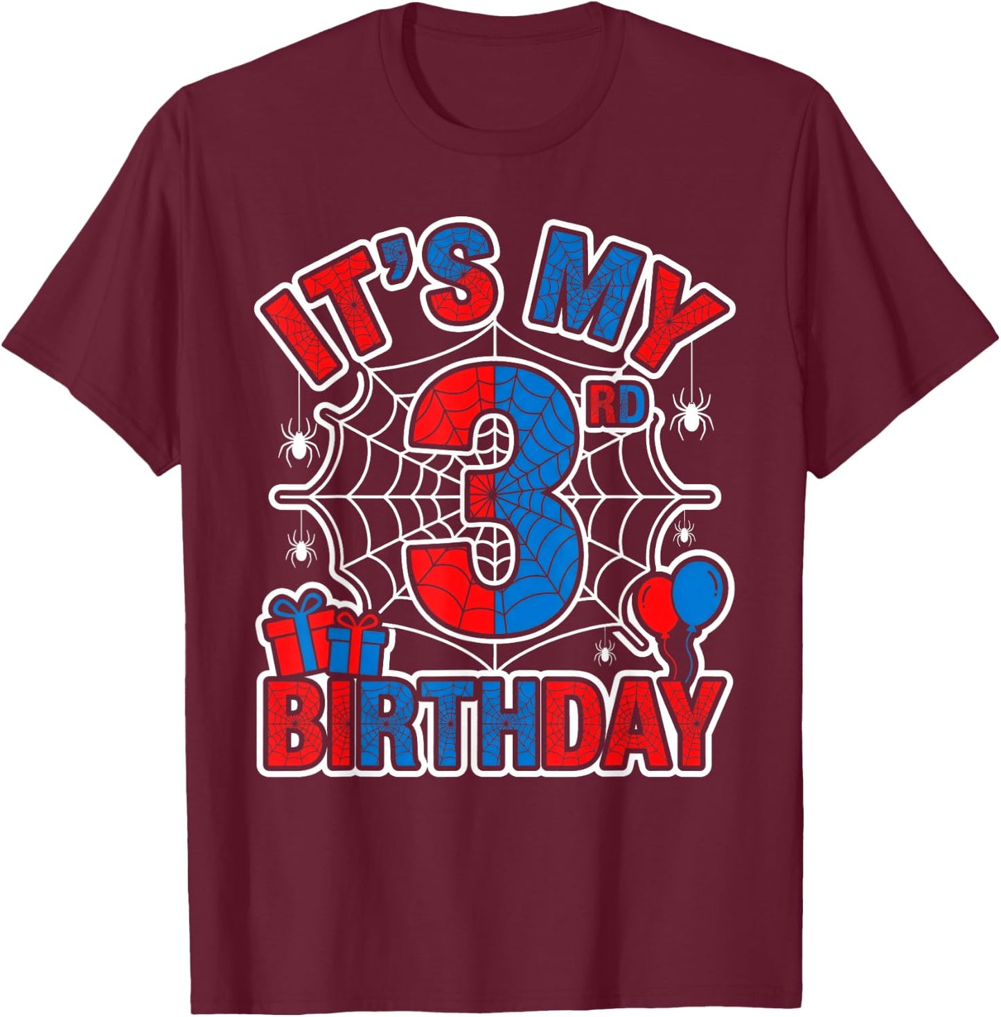 Its My 3rd Birthday Boy 3 Year Old Spider Web Birthday Party T-Shirt - T-Shirt | Maroon