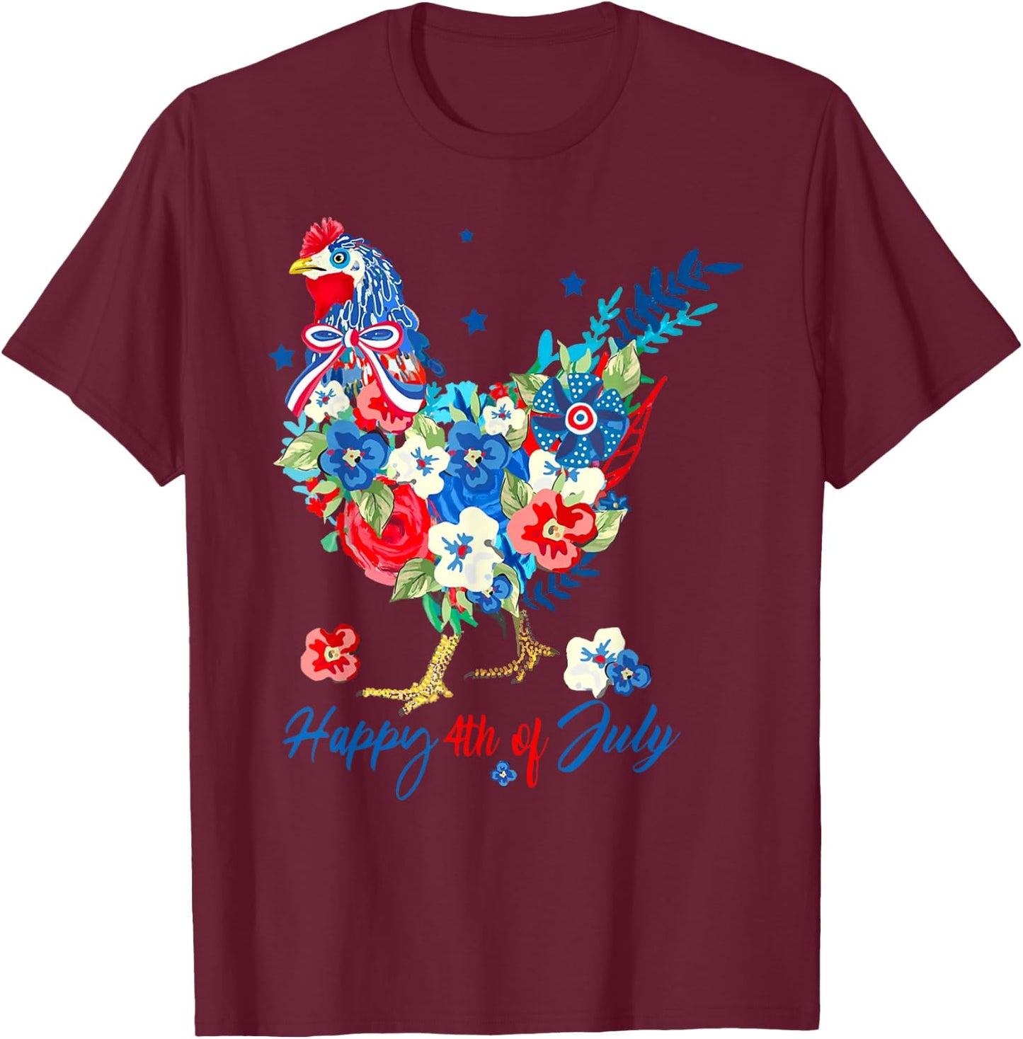 Floral Happy 4th of July Chicken Pioneer Woman Patriotic T-Shirt - T-Shirt | Maroon