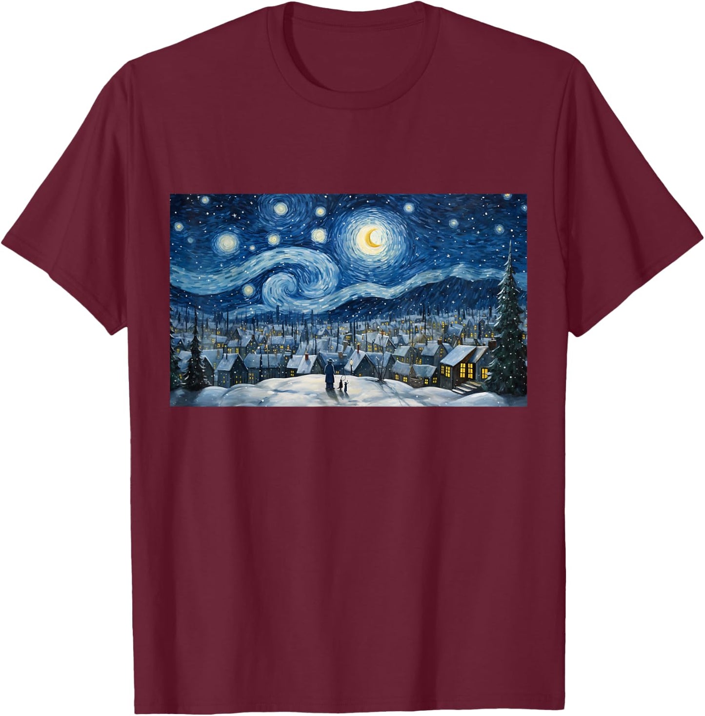 Snowy Winter Christmas Starry NIght Painting Art T-Shirt - T-Shirt | Maroon