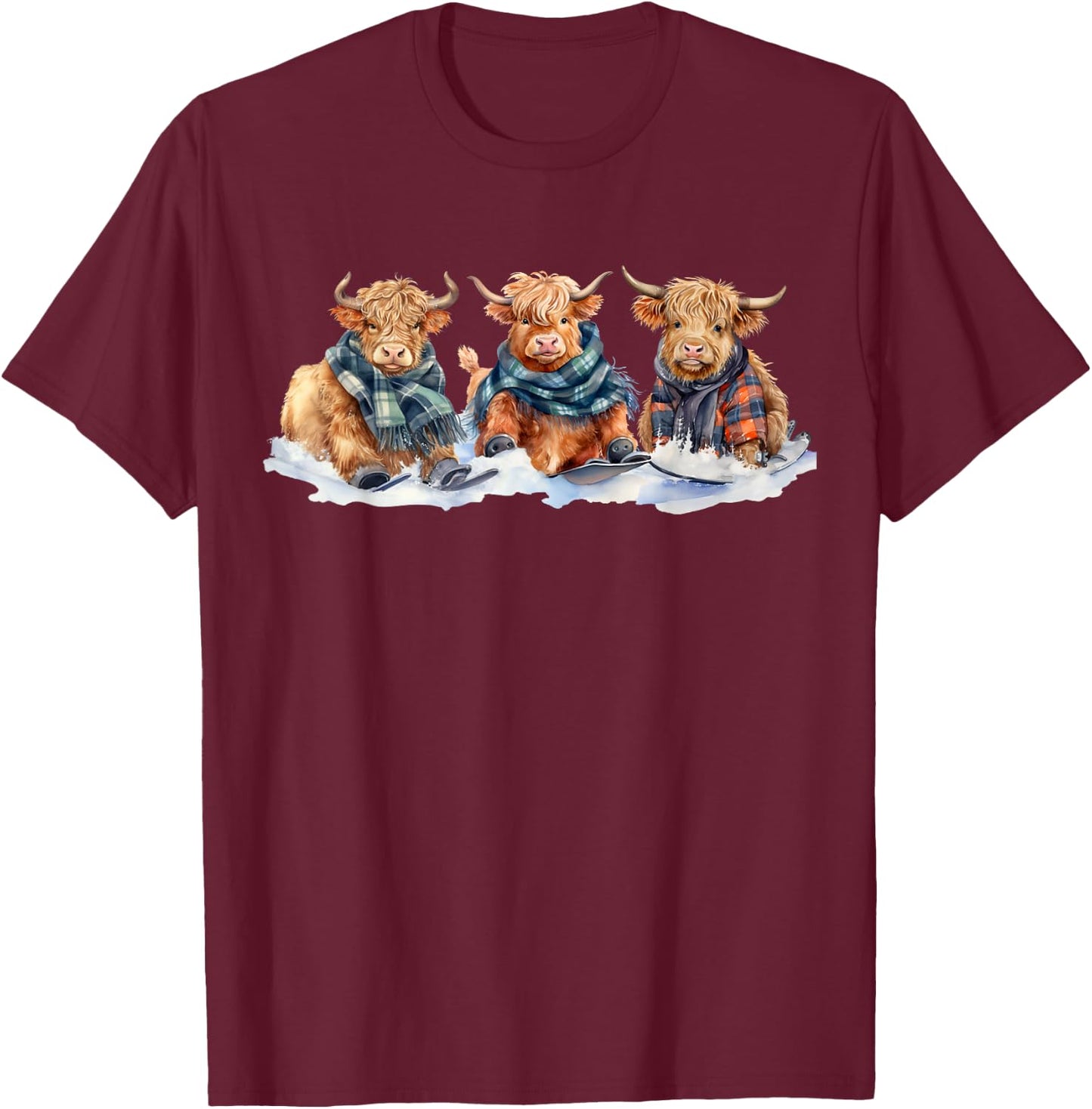 Cute Winter Highland Cows Plaid Scarf Skiing Snowshoe Snow T-Shirt - T-Shirt | Maroon